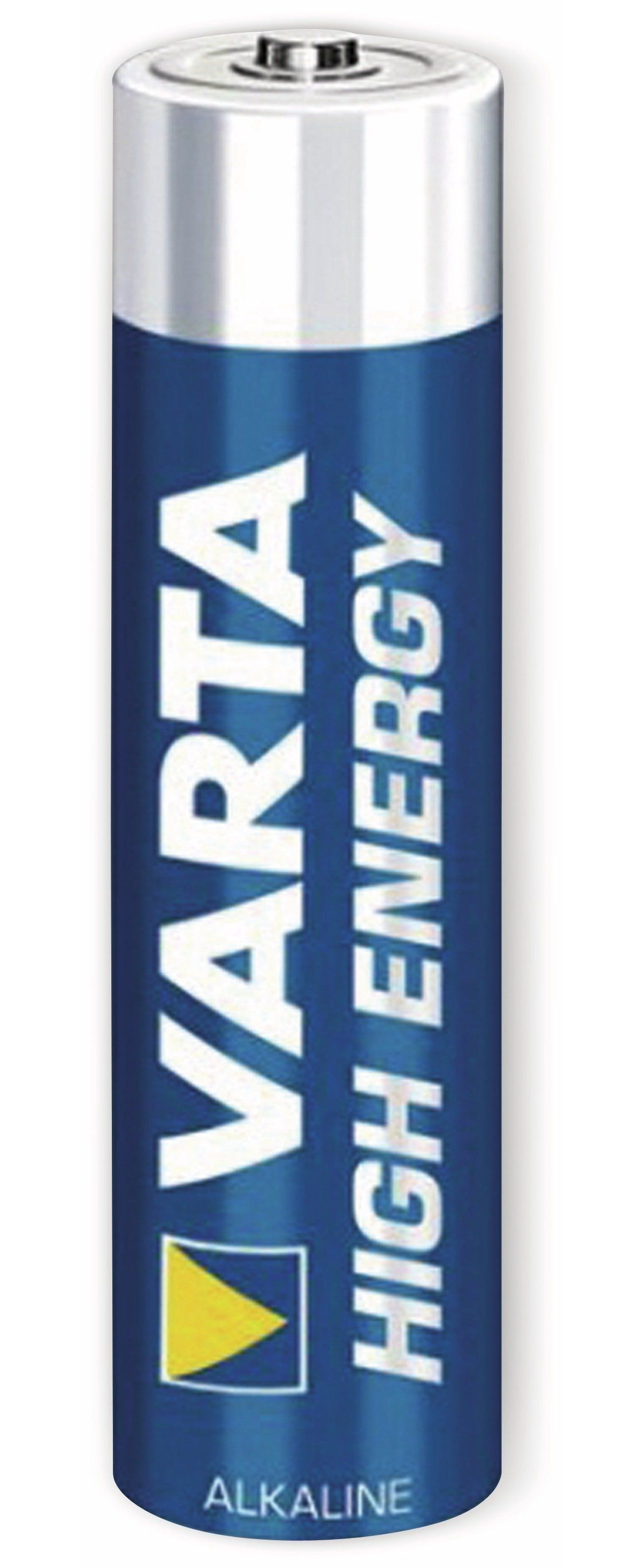 Blaue Varta High Energy AA-Batterie. Weißer Deckel. Gelbes Dreieck-Logo.