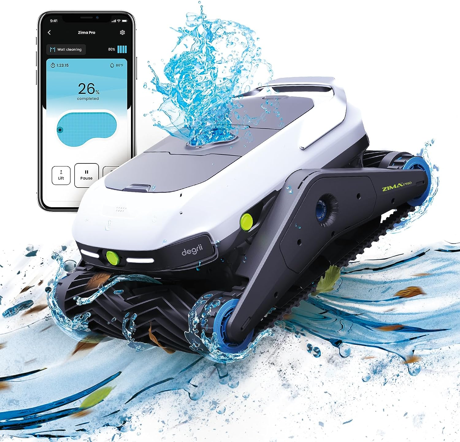 Ein Roboter-Poolreiniger mit Wasserspritzern und Smartphone.