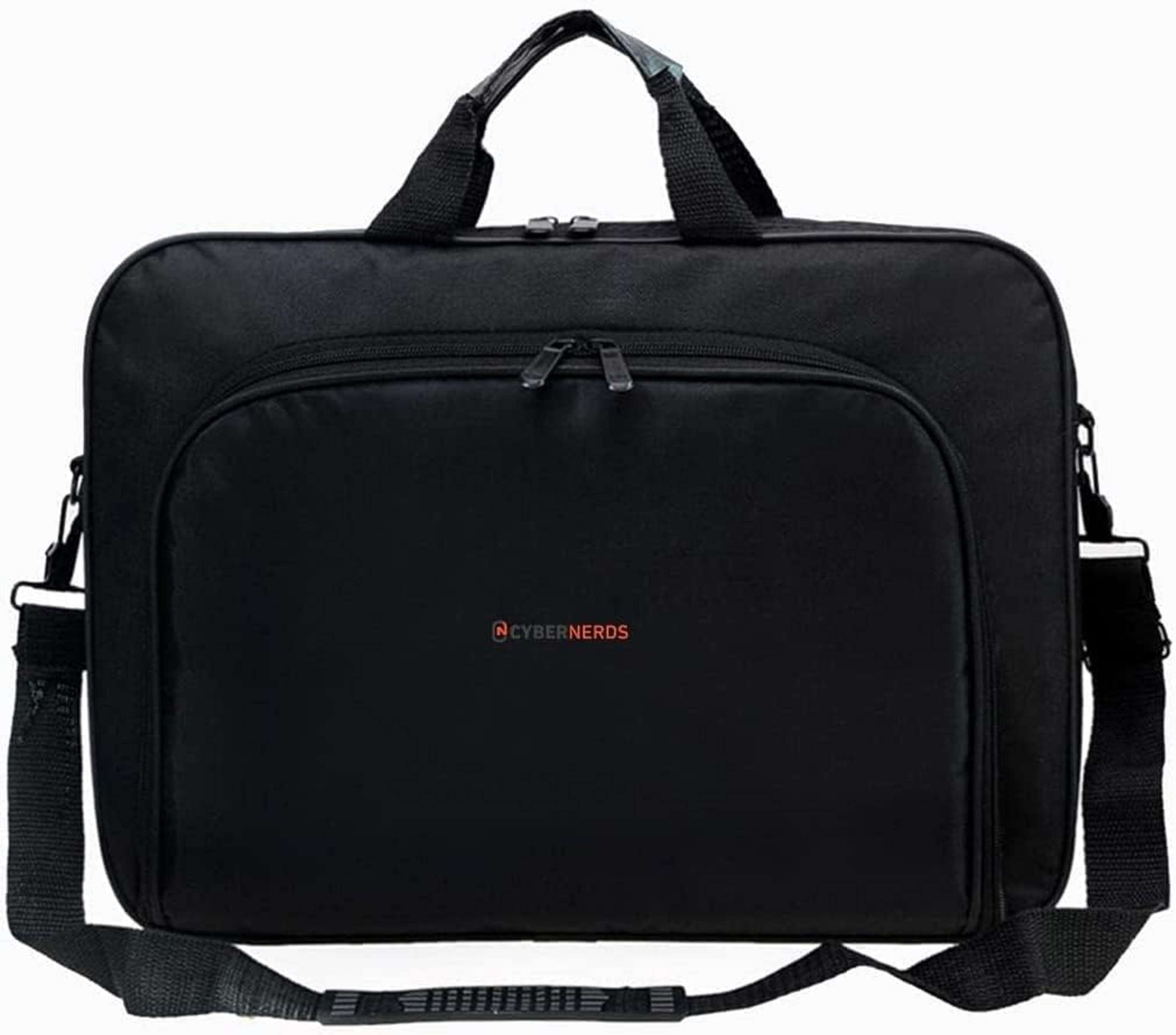 Schwarze Laptoptasche mit Schultergurt. Sie hat eine Vordertasche und ein Cybernerds-Logo in Rot.