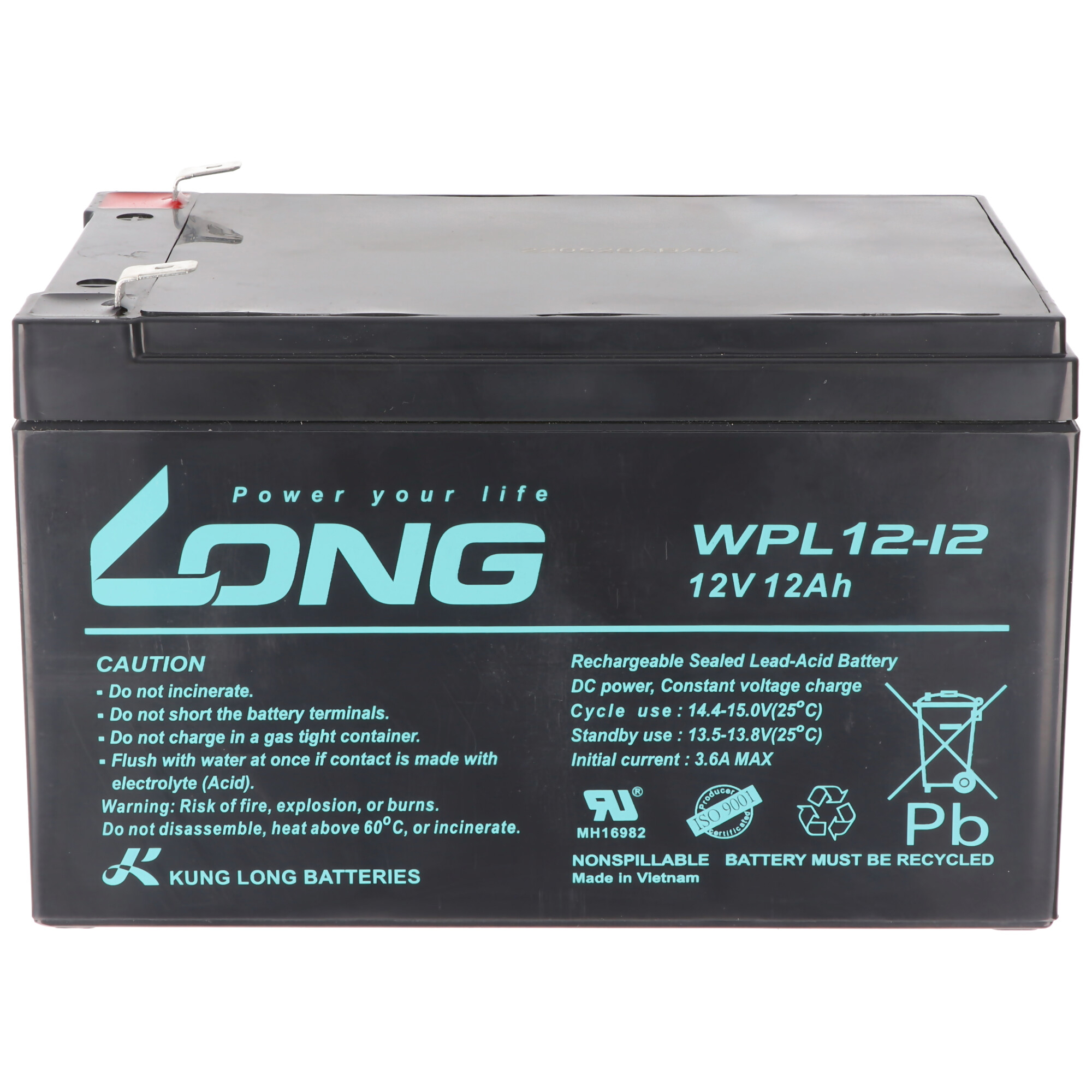 KUNG LONG Bleiakku, Long 12Volt, mAh Faston mit WPL12-12 6,3mm Longlife Anschluss Blei-Vlies-Akku, F2 Kung 12000 - Pb 12Ah Blei