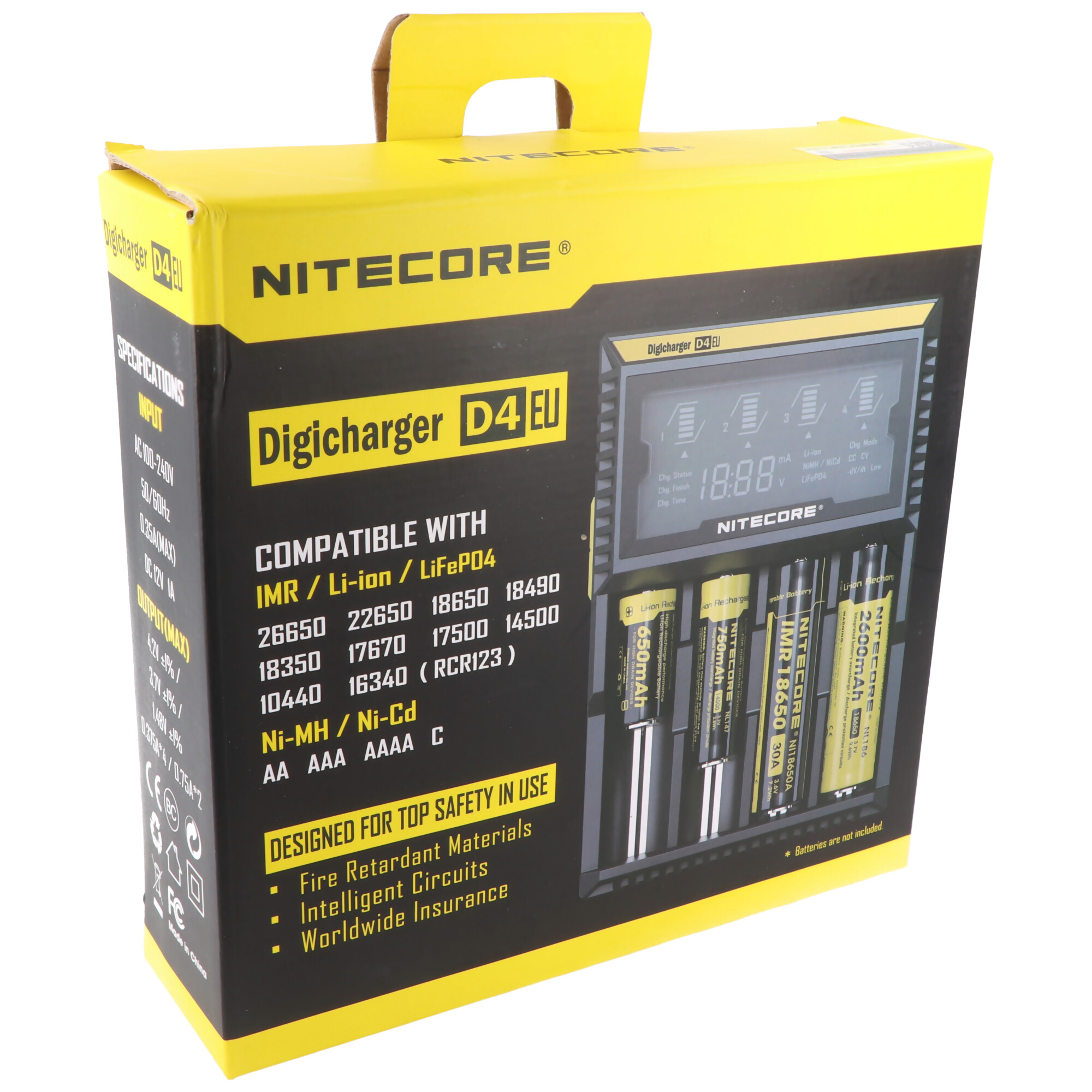 Eine gelbe Nitecore Digicharger D4 EU Box mit Ladegerät, Ladeinfos und Batterien.