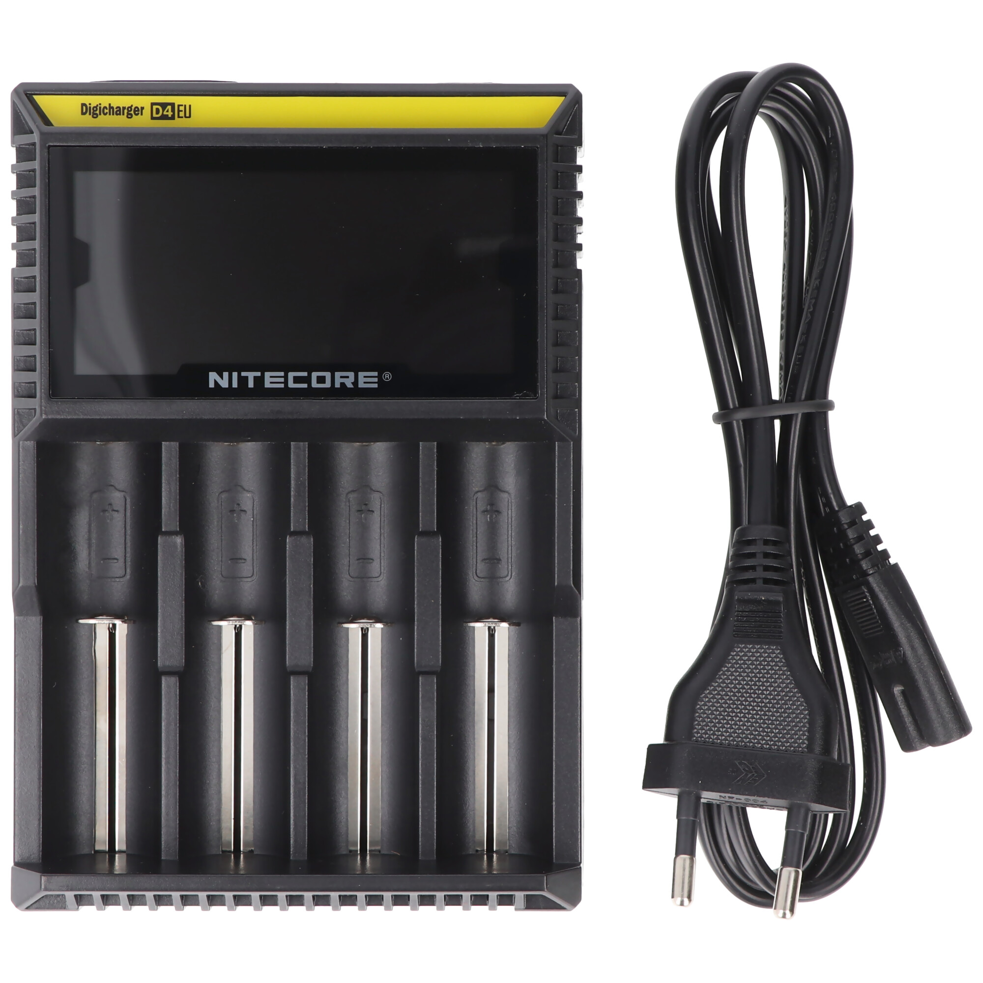 Schwarz-gelbes Ladegerät mit Bildschirm, vier Schlitzen für Batterien und Netzkabel.