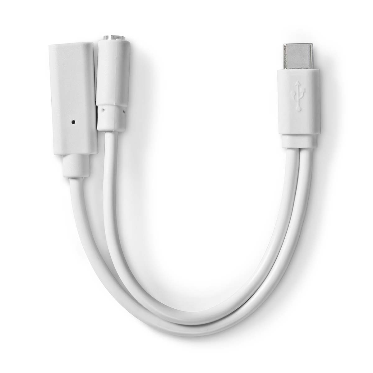 White USB-C adapter with a USB port and a port for another device. The cable is white.
