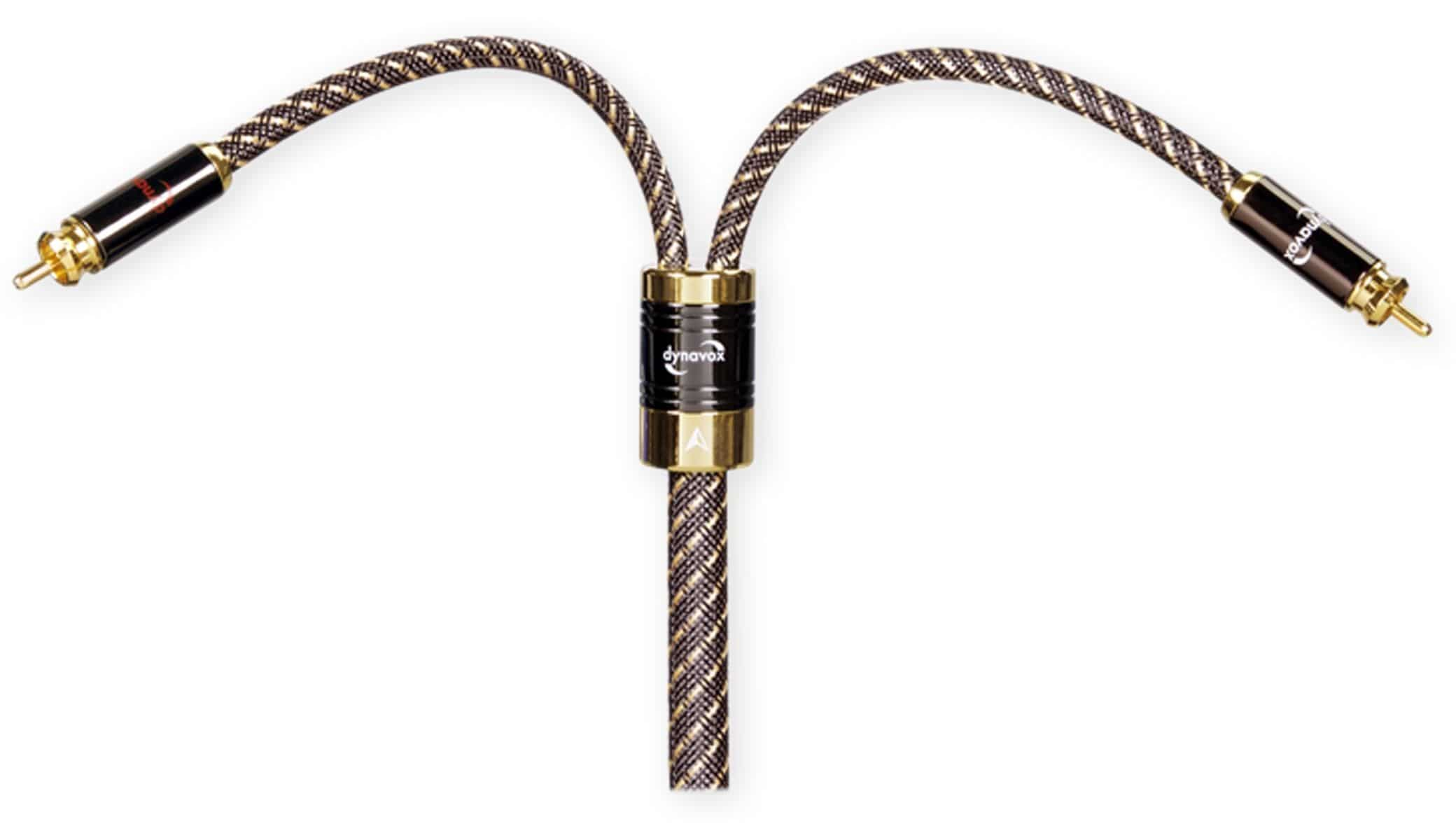 Y-förmiges Audiokabel mit Goldanschlüssen und einem schwarz-braunen geflochtenen Kabel.