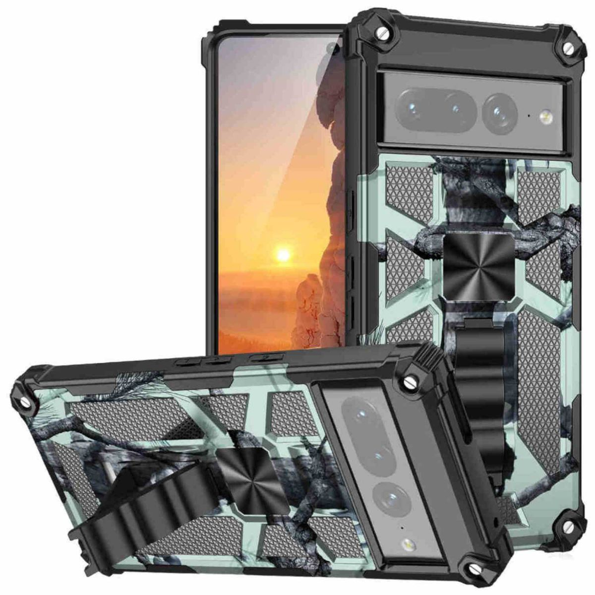 Camouflage Armor Shockproof Pixel mit Grün WIGENTO Hell Backcover, TPU Integriertem Hülle Stand, Google, 7,