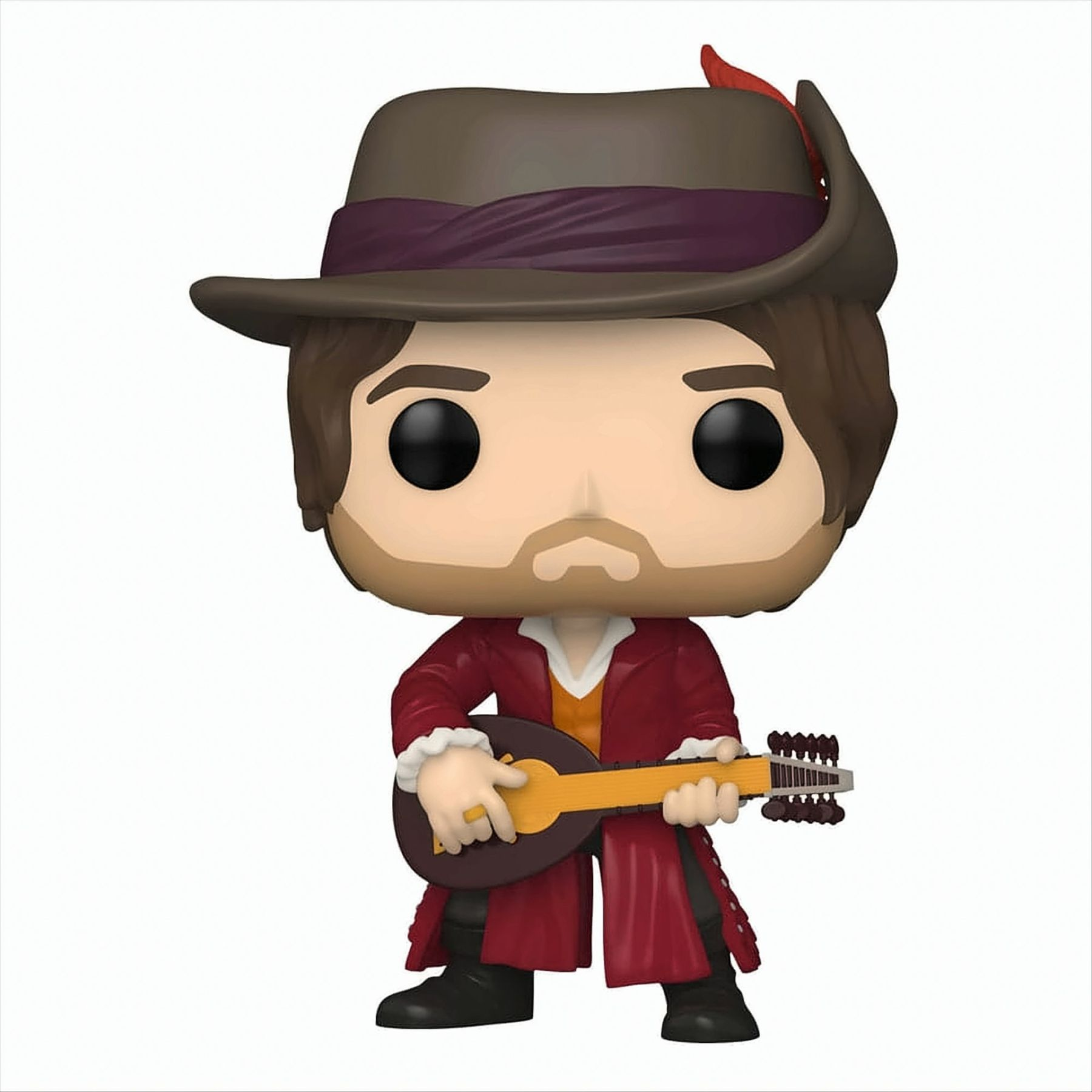 Eine Funko Pop-Figur eines Mannes, der eine Laute spielt. Die Figur hat einen Hut und einen roten Mantel.