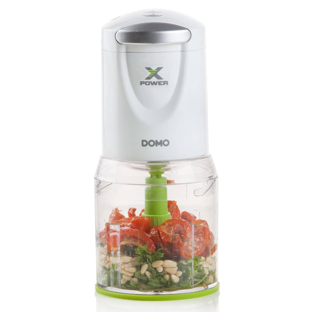 Ein weißer und grüner Foodprocessor mit sichtbaren Zutaten im Inneren, auf weißem Hintergrund.