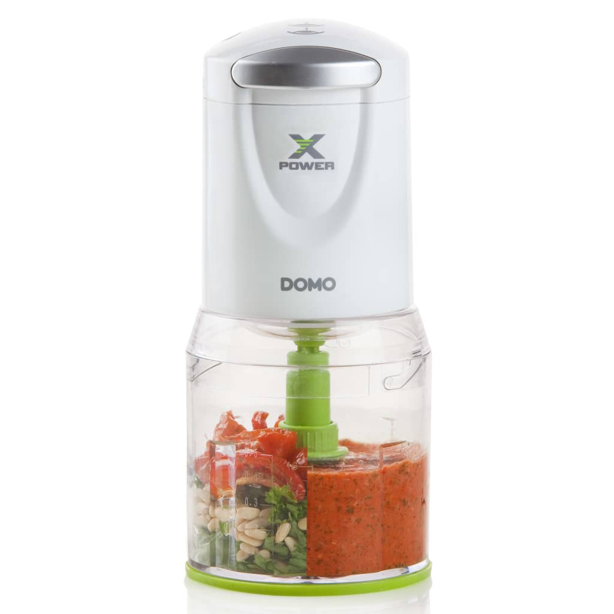 Ein weißer und grüner elektrischer Zerkleinerer mit Essen darin. Der Zerkleinerer ist mit X Power und Domo beschriftet.