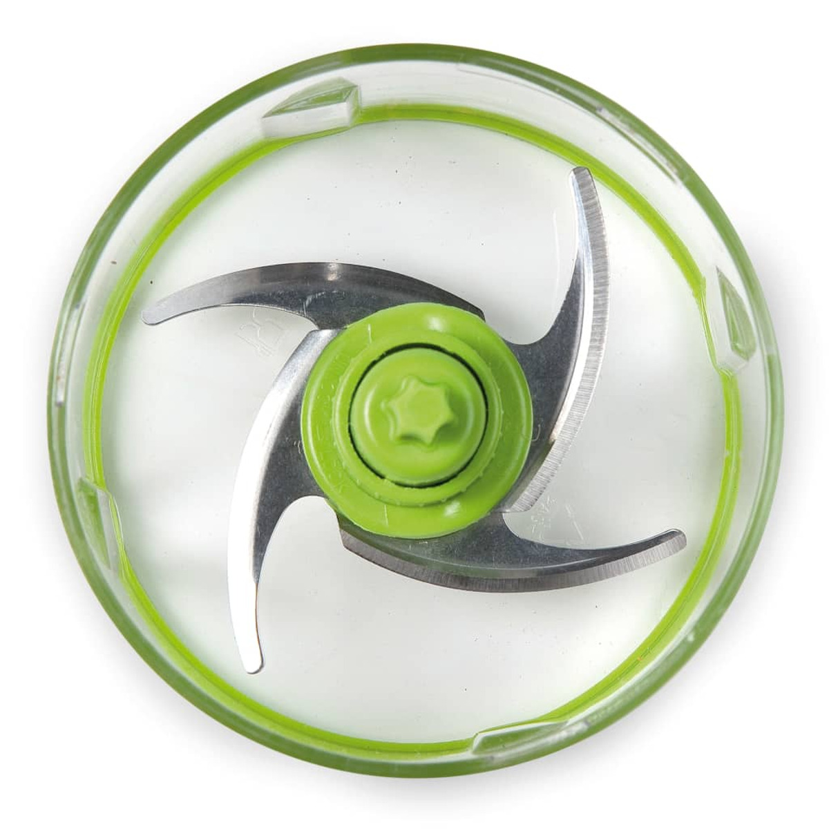 Eine grüne und transparente Klingenanordnung eines Küchengeräts, von oben betrachtet.