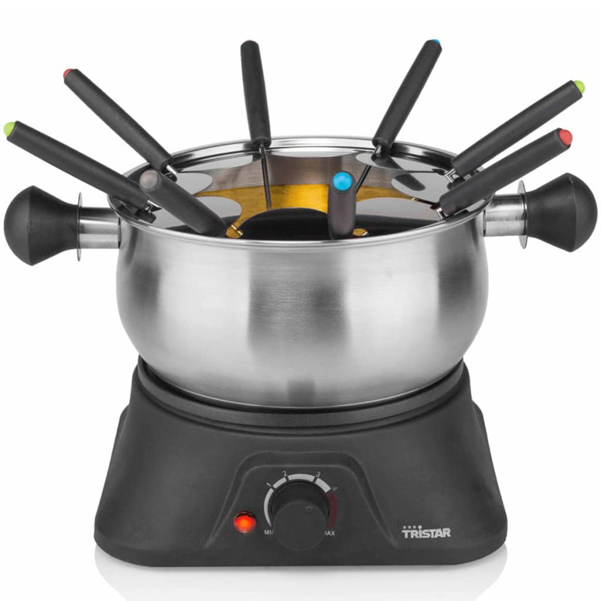 Pentola per fonduta su base nera con un quadrante e forchette per fonduta.