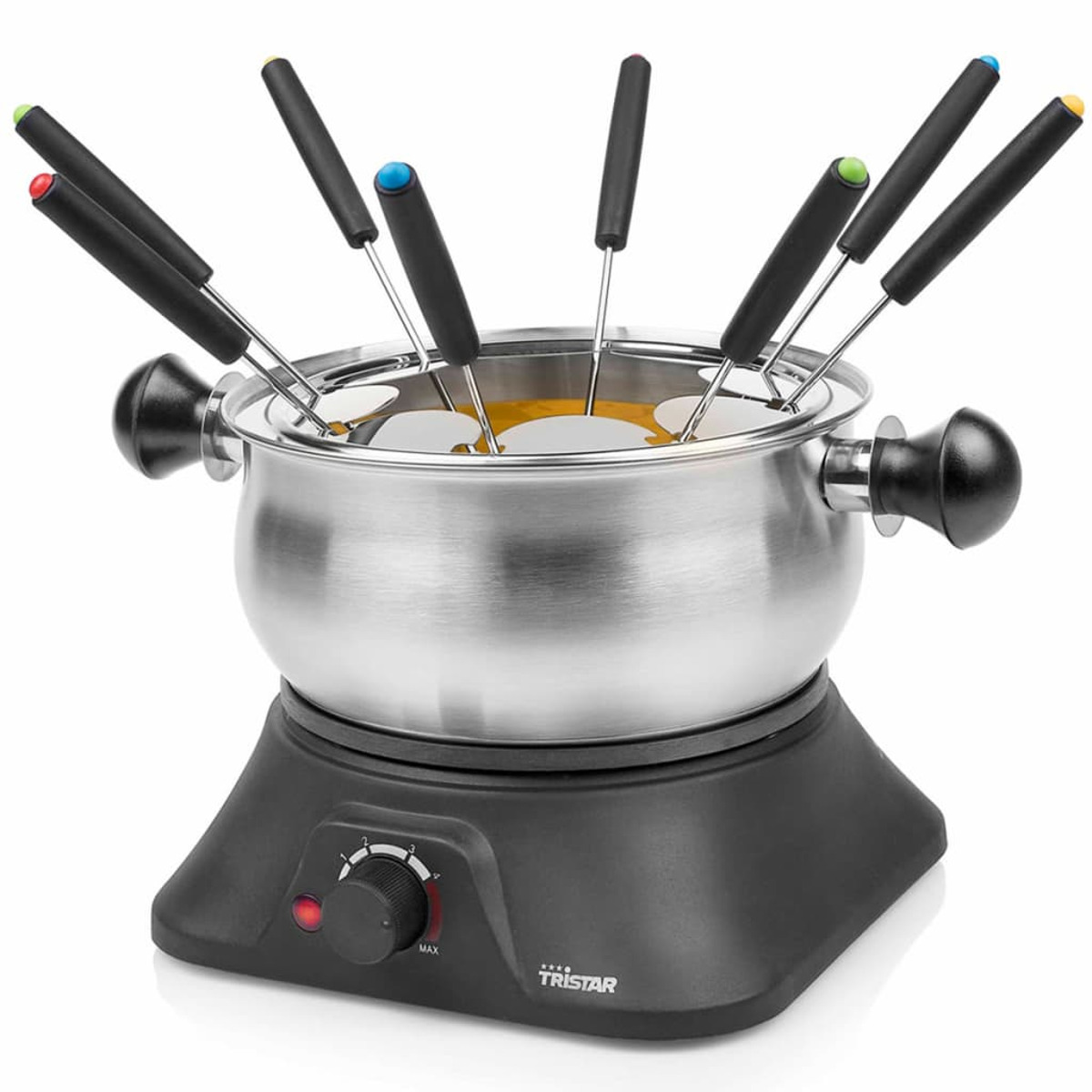 Set per fonduta con base nera, pentola argentata e forchette colorate.