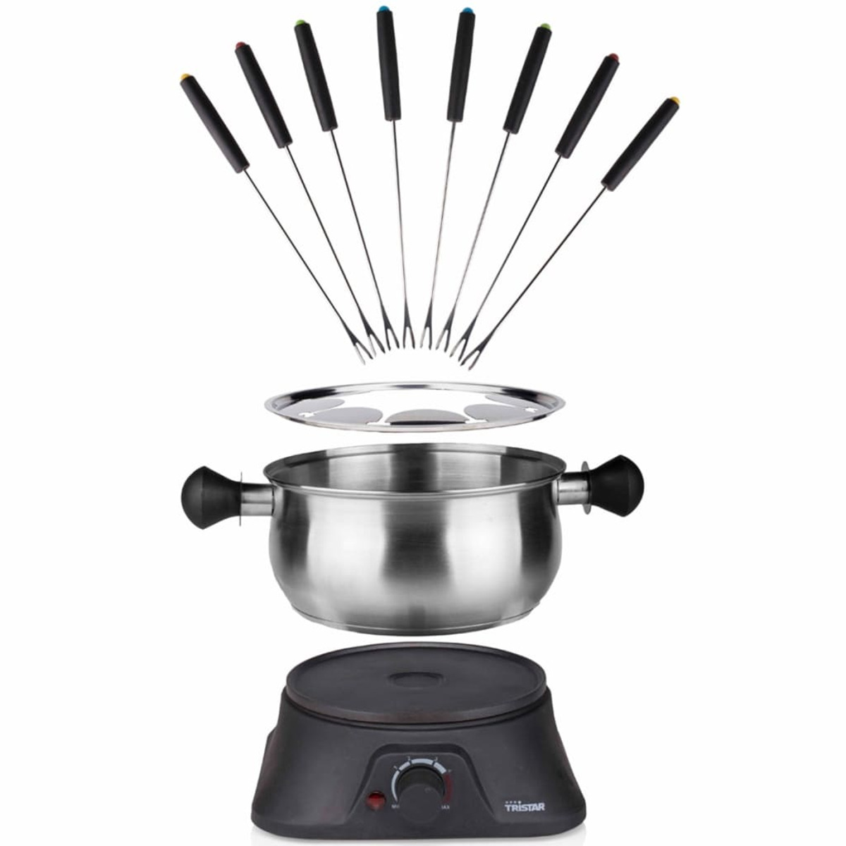Set per fonduta con pentola, bruciatore e forchette. La pentola è in acciaio inox, le forchette hanno manici colorati.