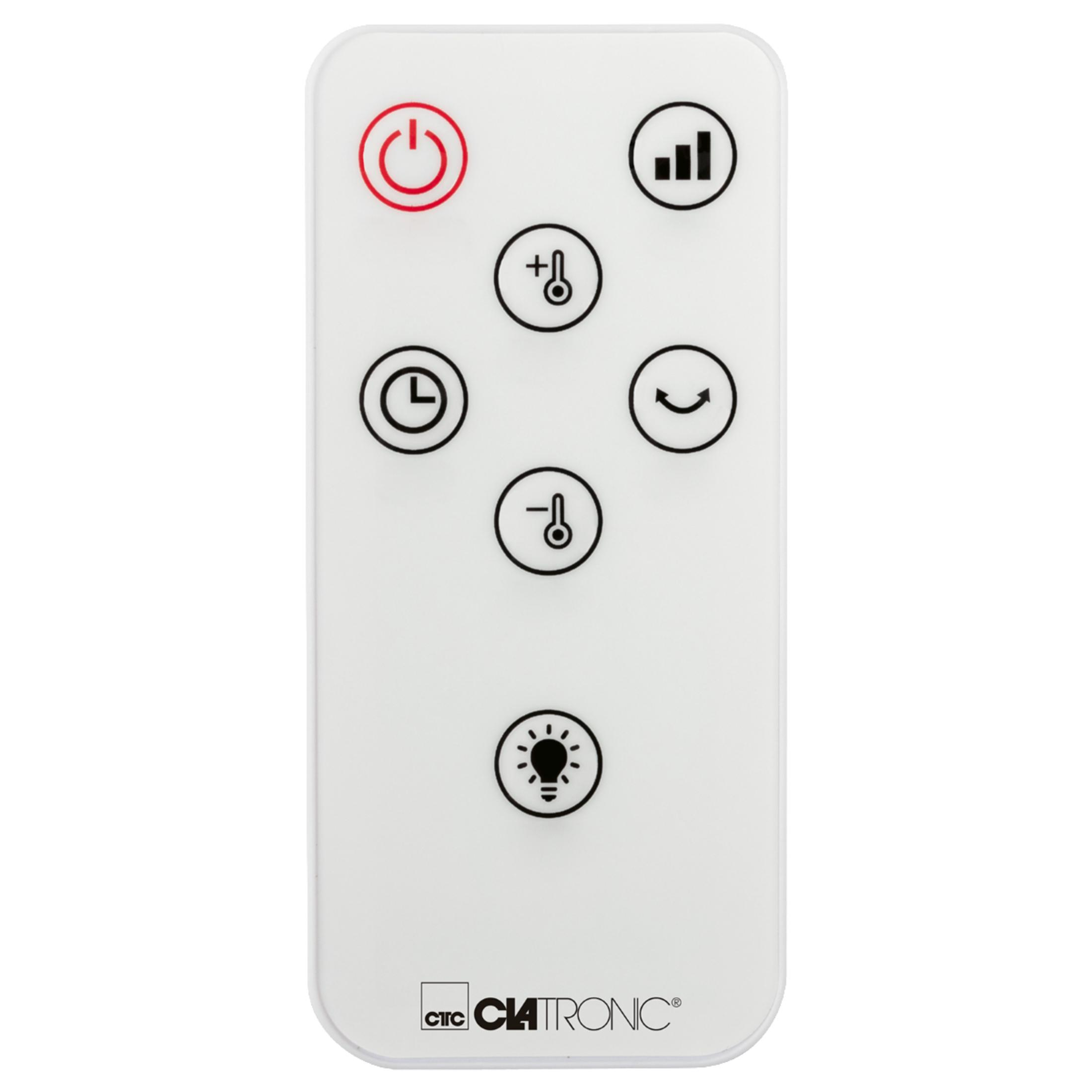 Biały pilot z czarnymi symbolami zasilania, głośności, czasu, temperatury i światła. Marka Clatronic.