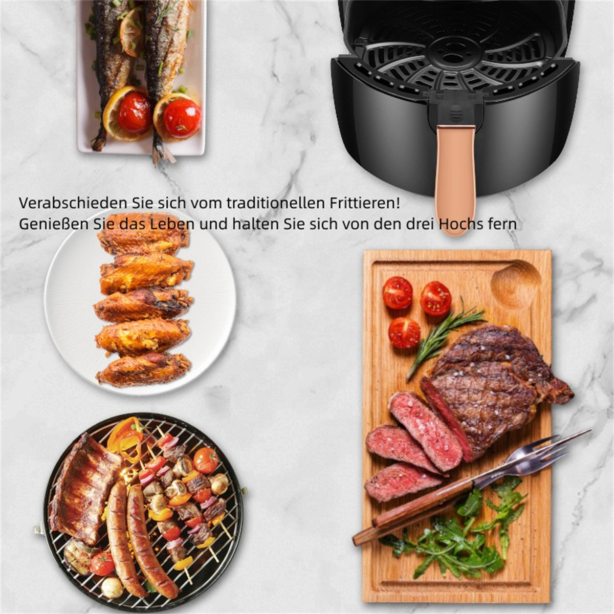 Una freidora de aire con alimentos cocinados, incluyendo pescado, alitas de pollo y bistec. Fondo: superficie de mármol blanco.