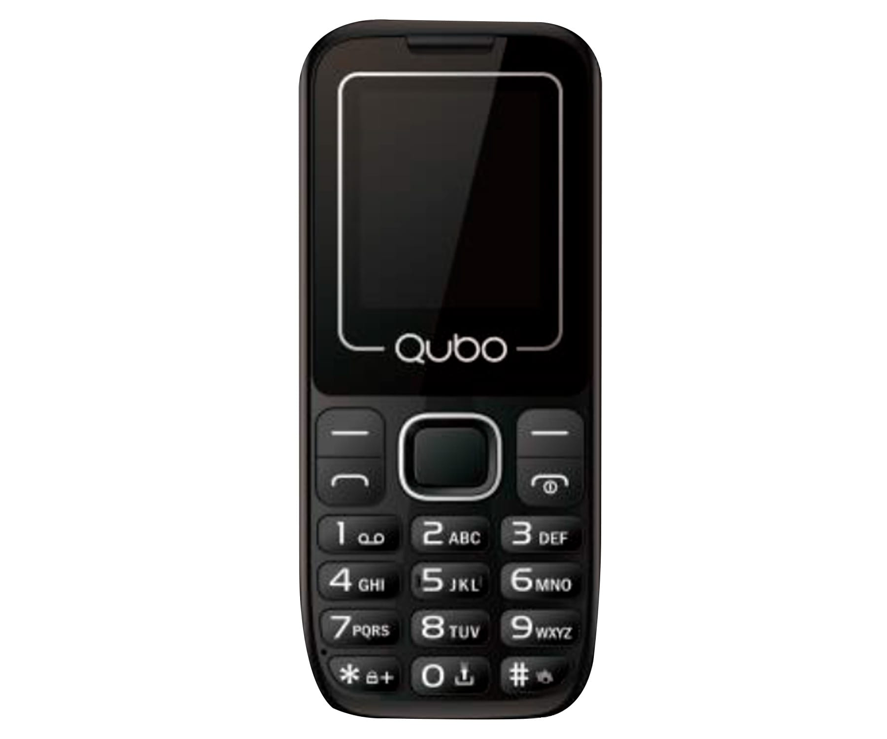 Un teléfono celular Qubo negro con teclado numérico y una pequeña pantalla.