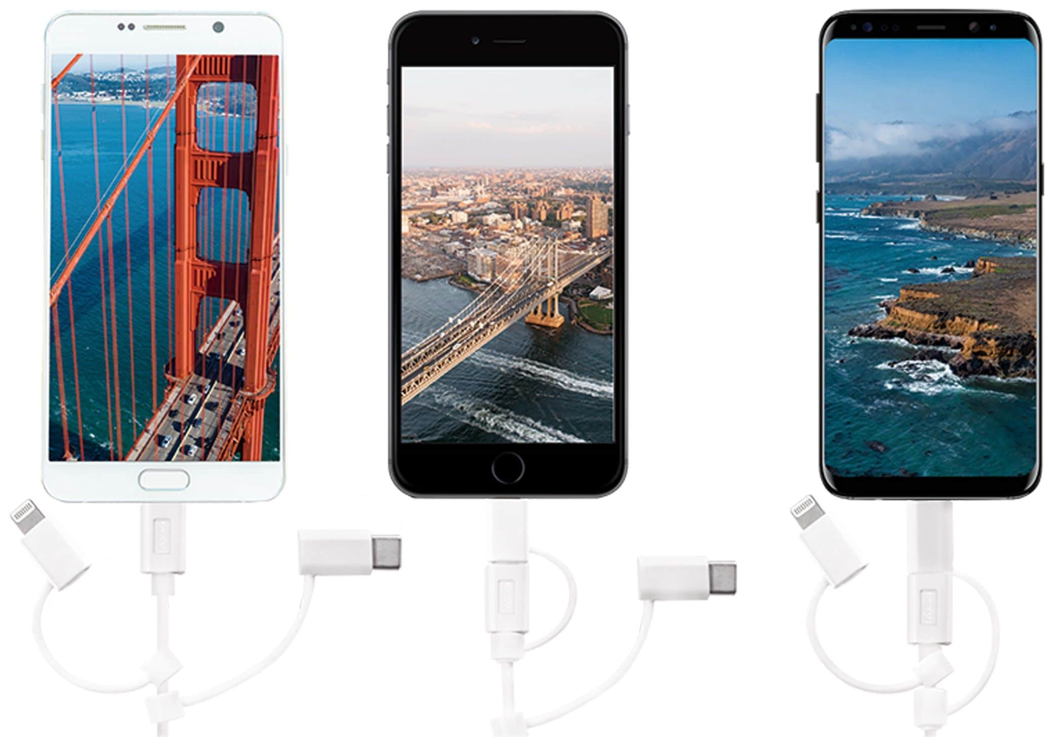 Tre telefoni collegati a un adattatore bianco, che mostrano viste della città e del ponte.