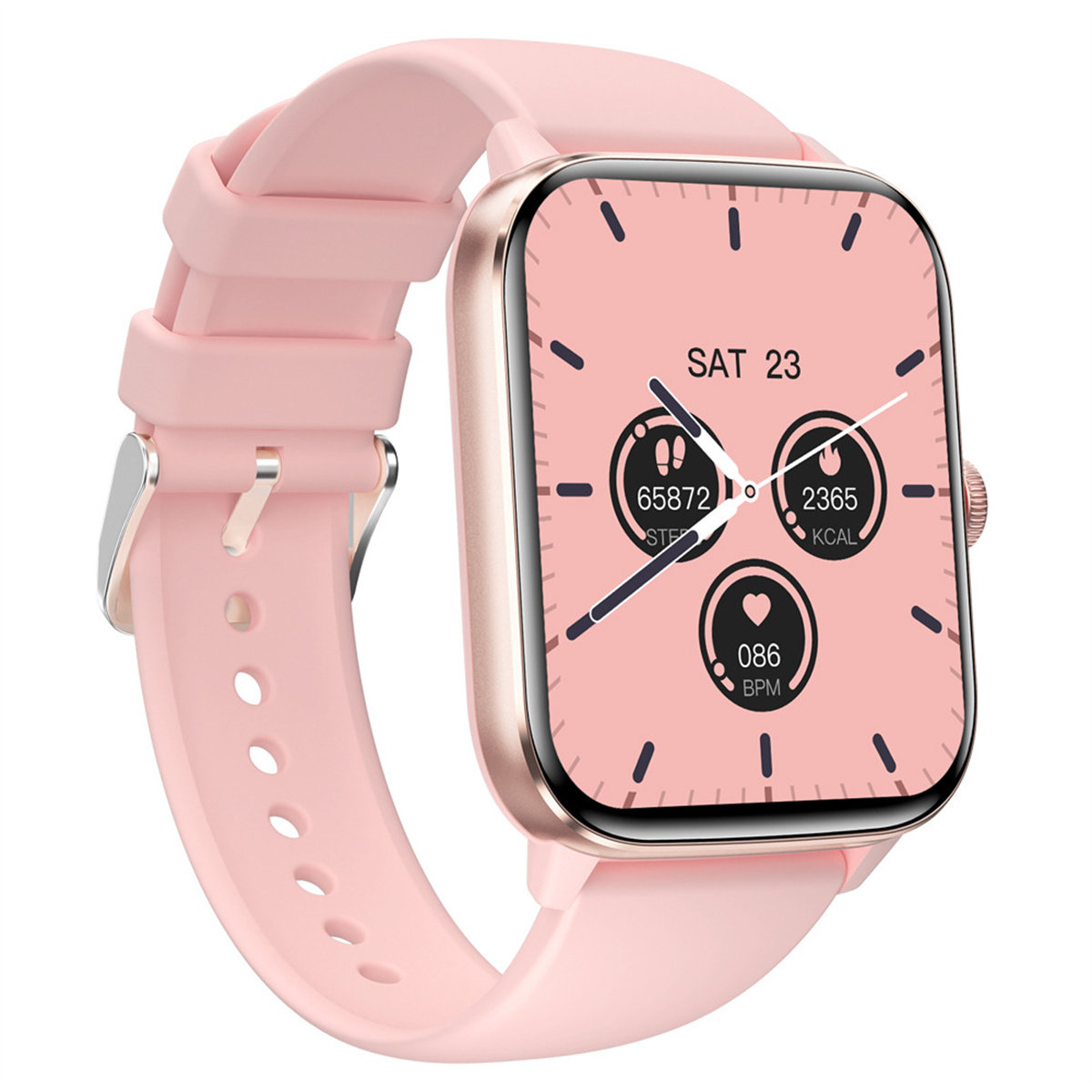 Smartwatch rosa con correa rosa. Muestra la hora, los pasos, las calorías y la frecuencia cardíaca.