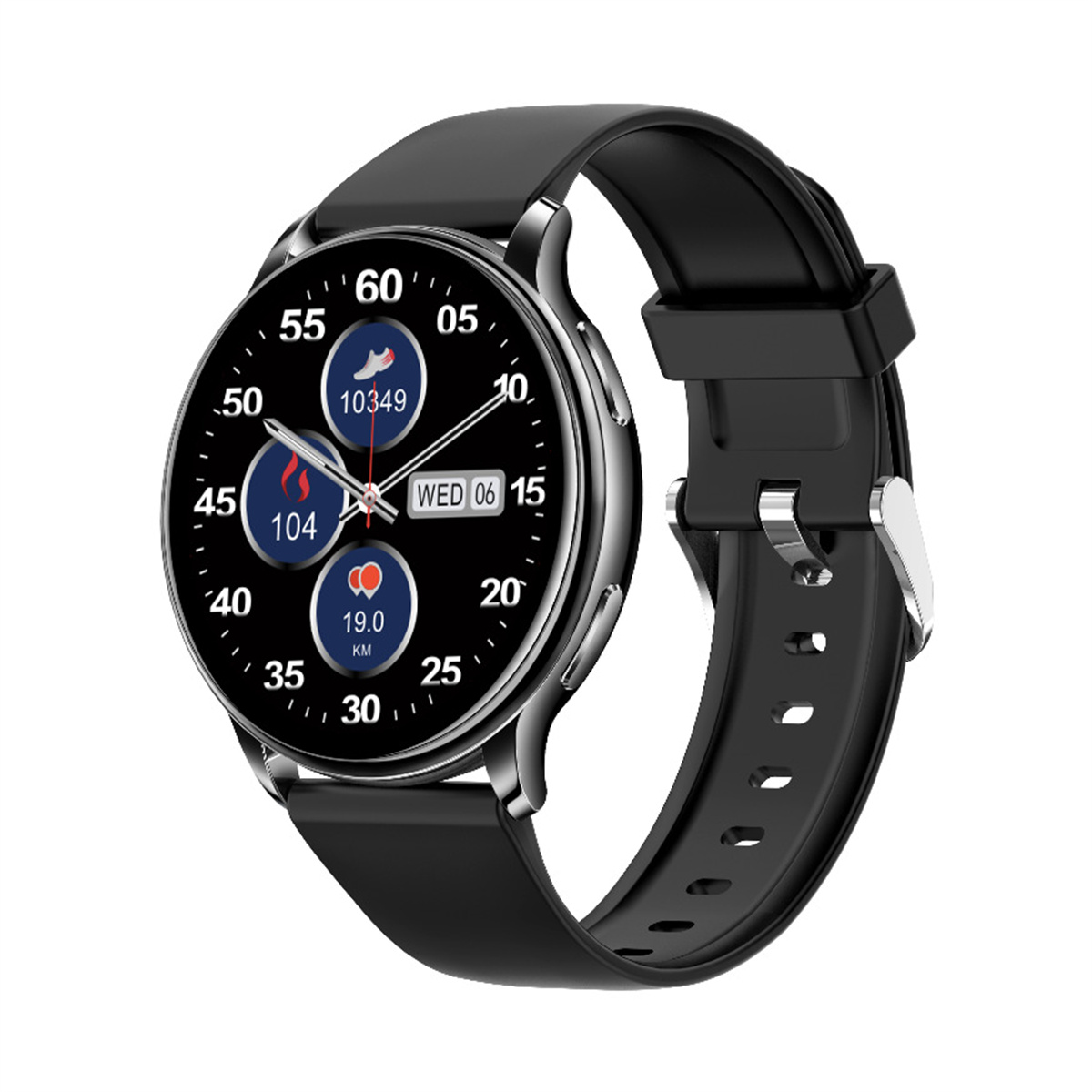 Smartwatch negra con correa negra, muestra hora, métricas y fecha.