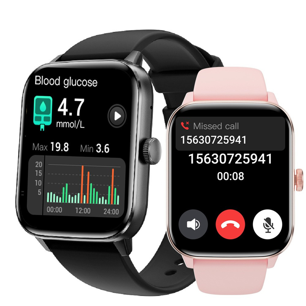 Dos smartwatches que muestran diferentes interfaces. El reloj izquierdo muestra datos de glucosa en sangre. El derecho muestra una llamada.