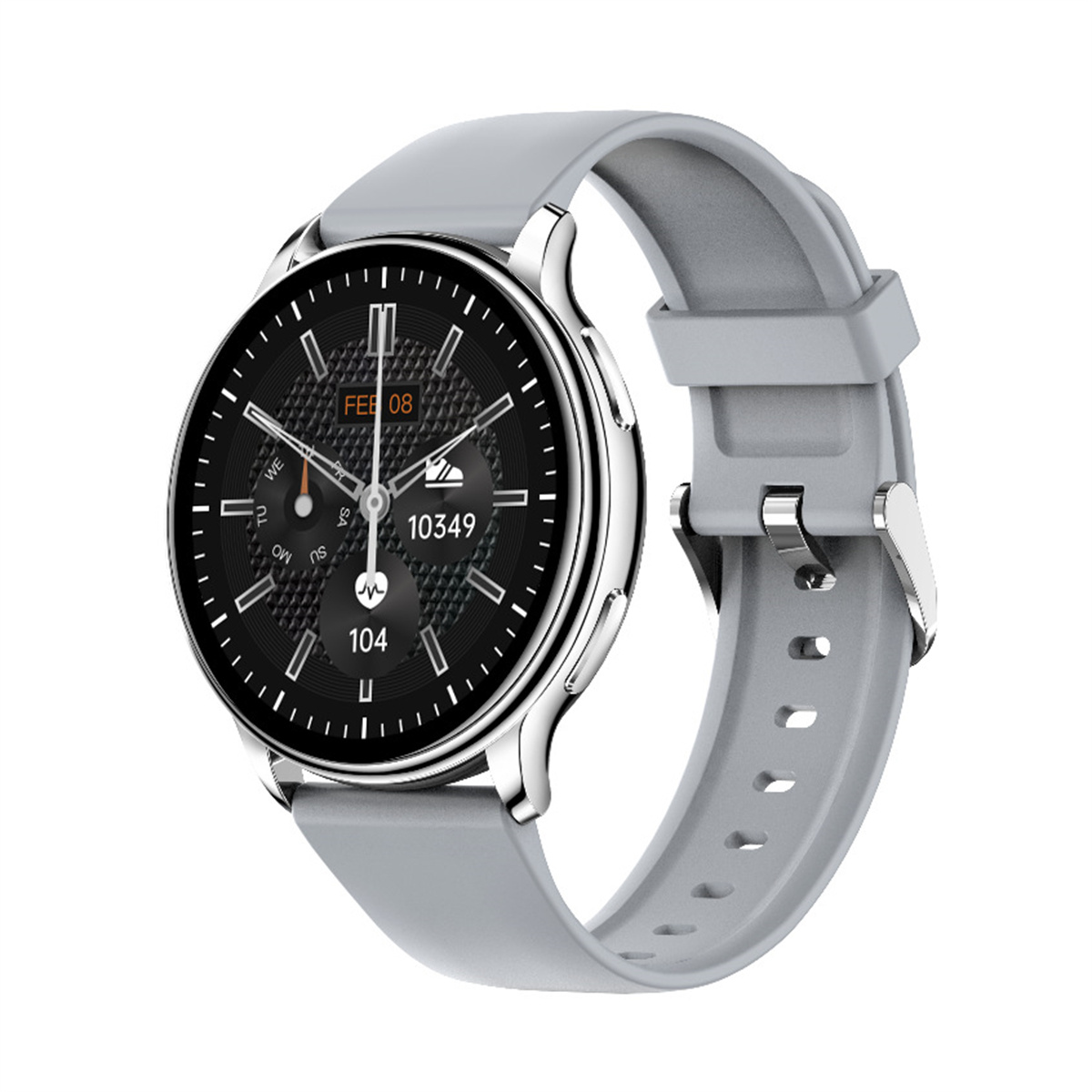 Reloj inteligente gris con esfera redonda y correa gris. Fondo blanco.