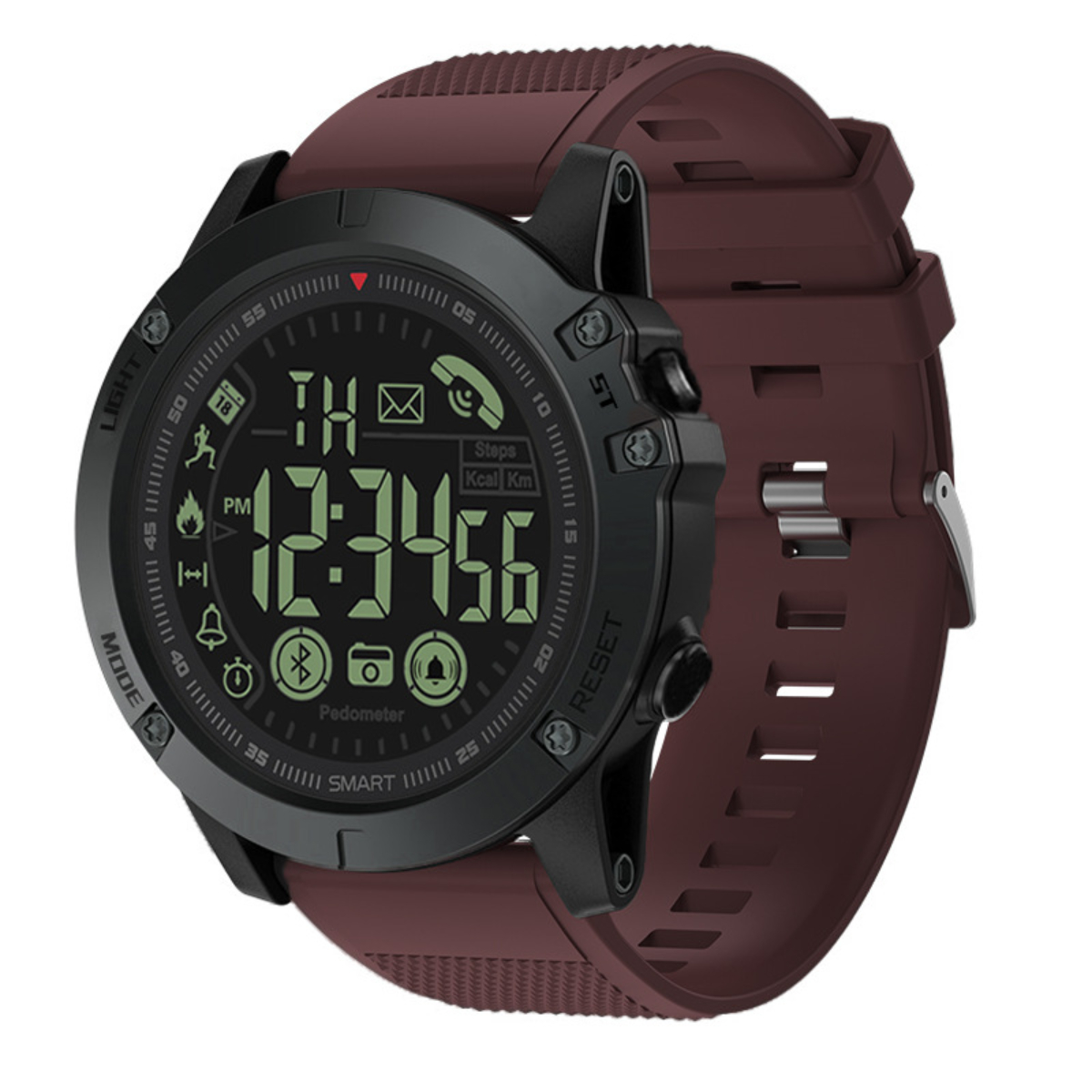 Smartwatch, negro con pantalla digital que muestra la hora, fecha, frecuencia cardíaca y batería.