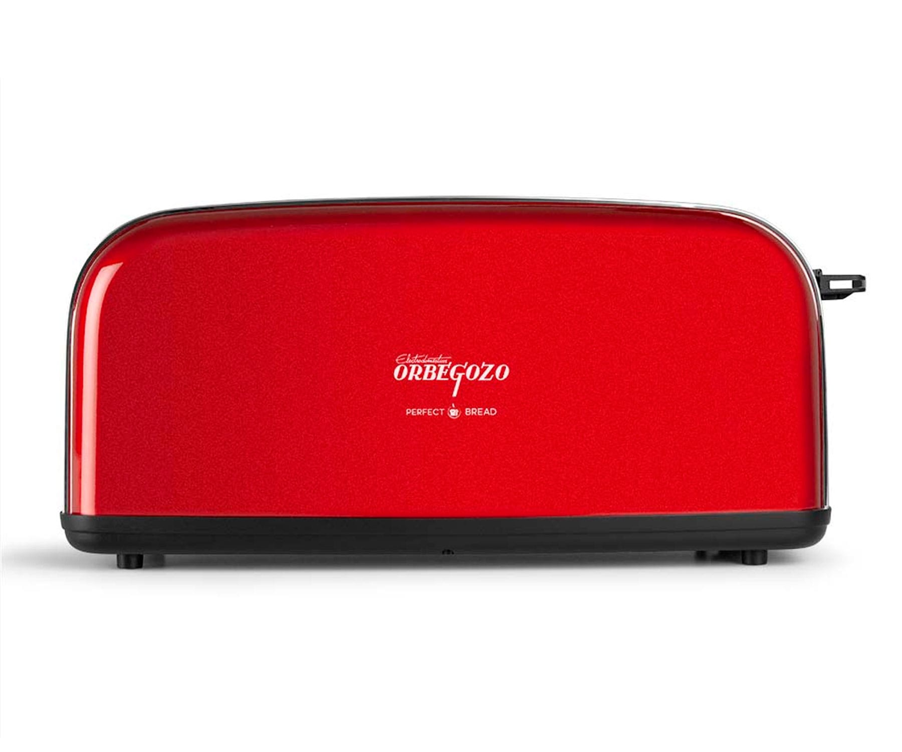 Czerwony toster z czarnymi akcentami. Logo ORBEGOZO z przodu. Dwa otwory na chleb.