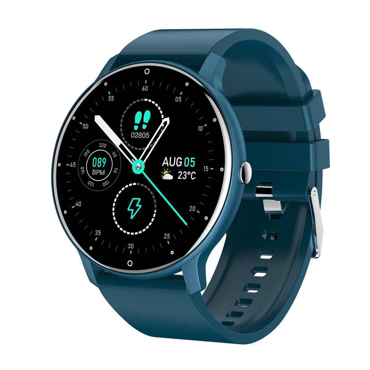 Un reloj inteligente azul que muestra la fecha y hora.