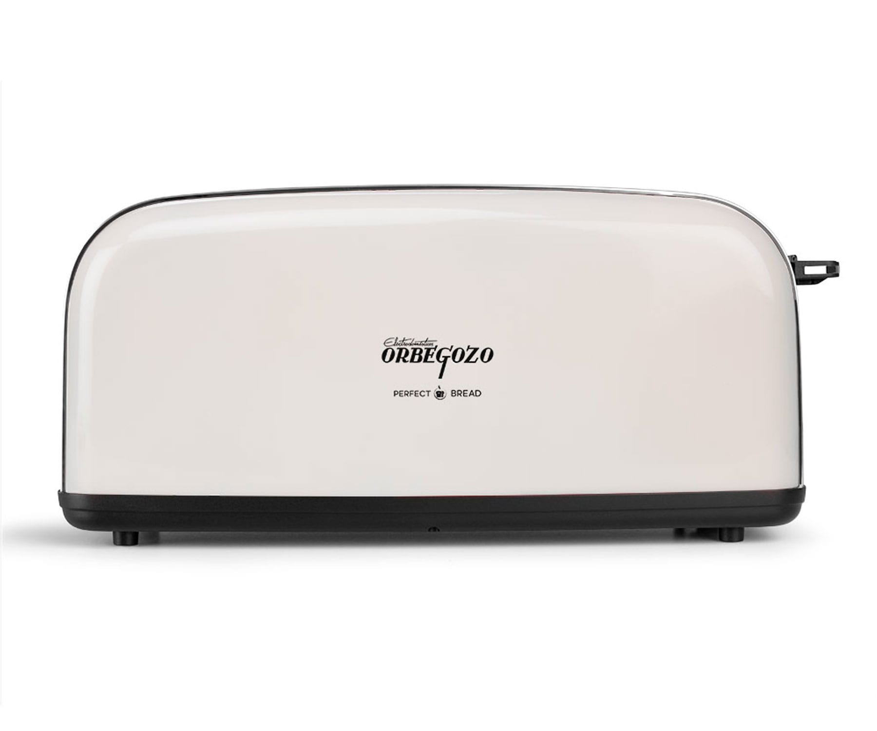 Biały toster z czarną podstawą. Z przodu napis 'ORBEGOZO PERFECT BREAD'.
