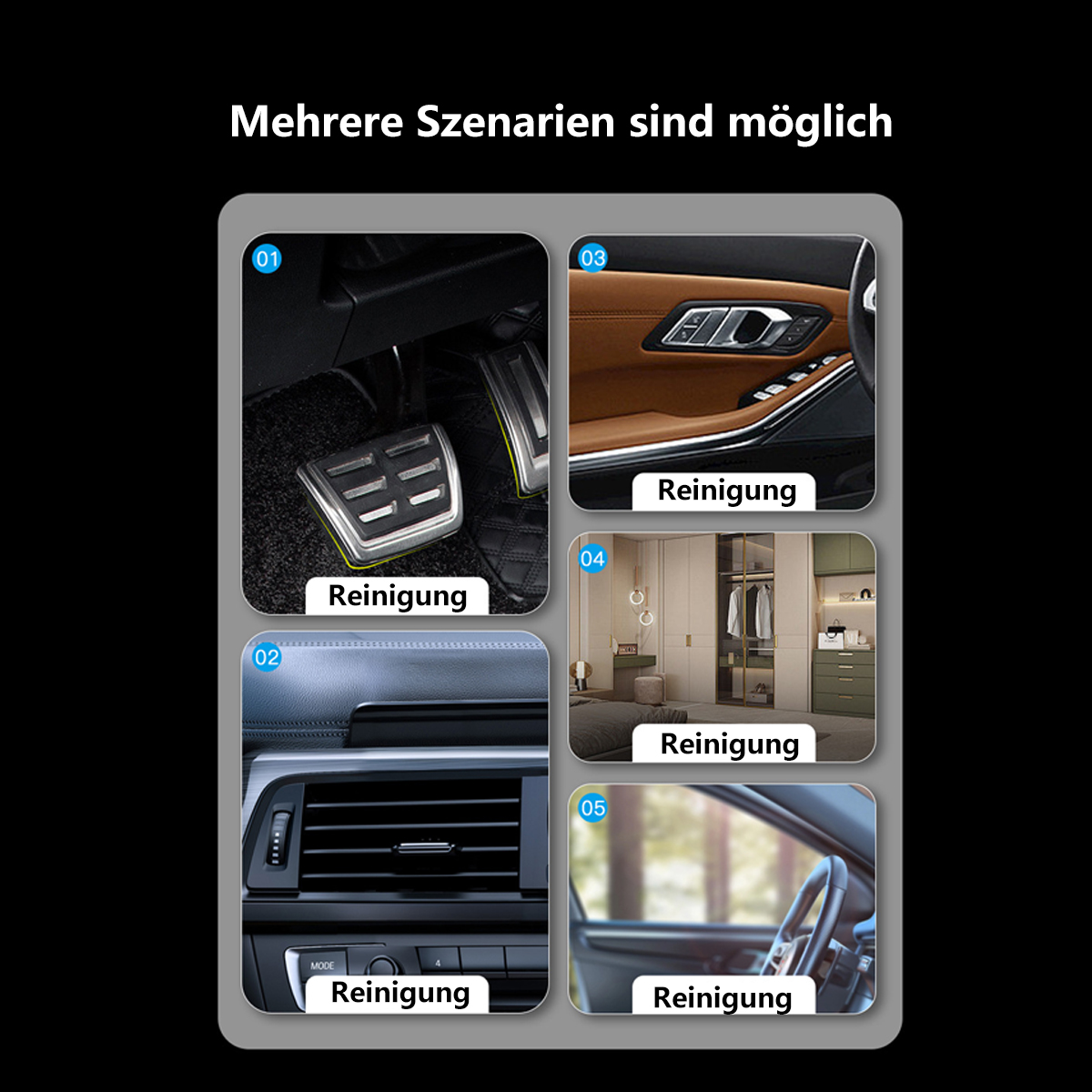 Múltiples escenarios para limpiar piezas de automóviles se muestran en un cuadrado. Incluye pedales, ventilaciones e interior.