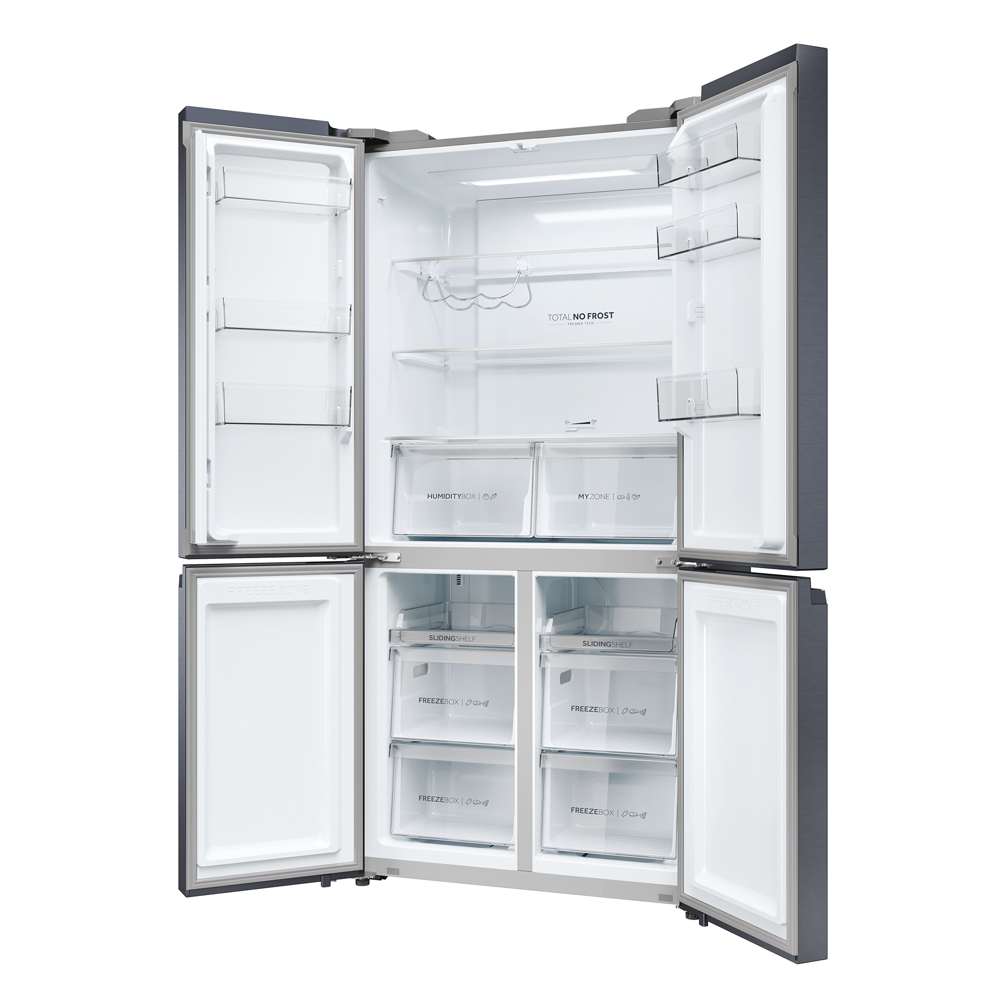 Un refrigerador moderno con puertas abiertas que muestran estantes, cajones y compartimentos. Interior blanco, exterior gris.
