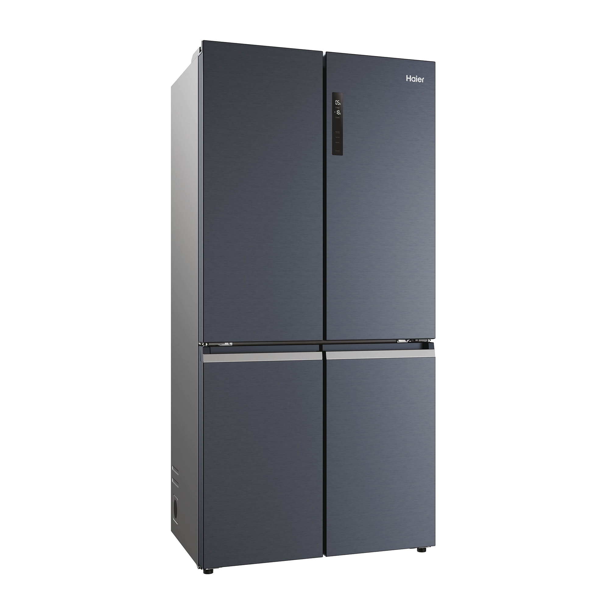 Refrigerador Haier azul oscuro con cuatro puertas.