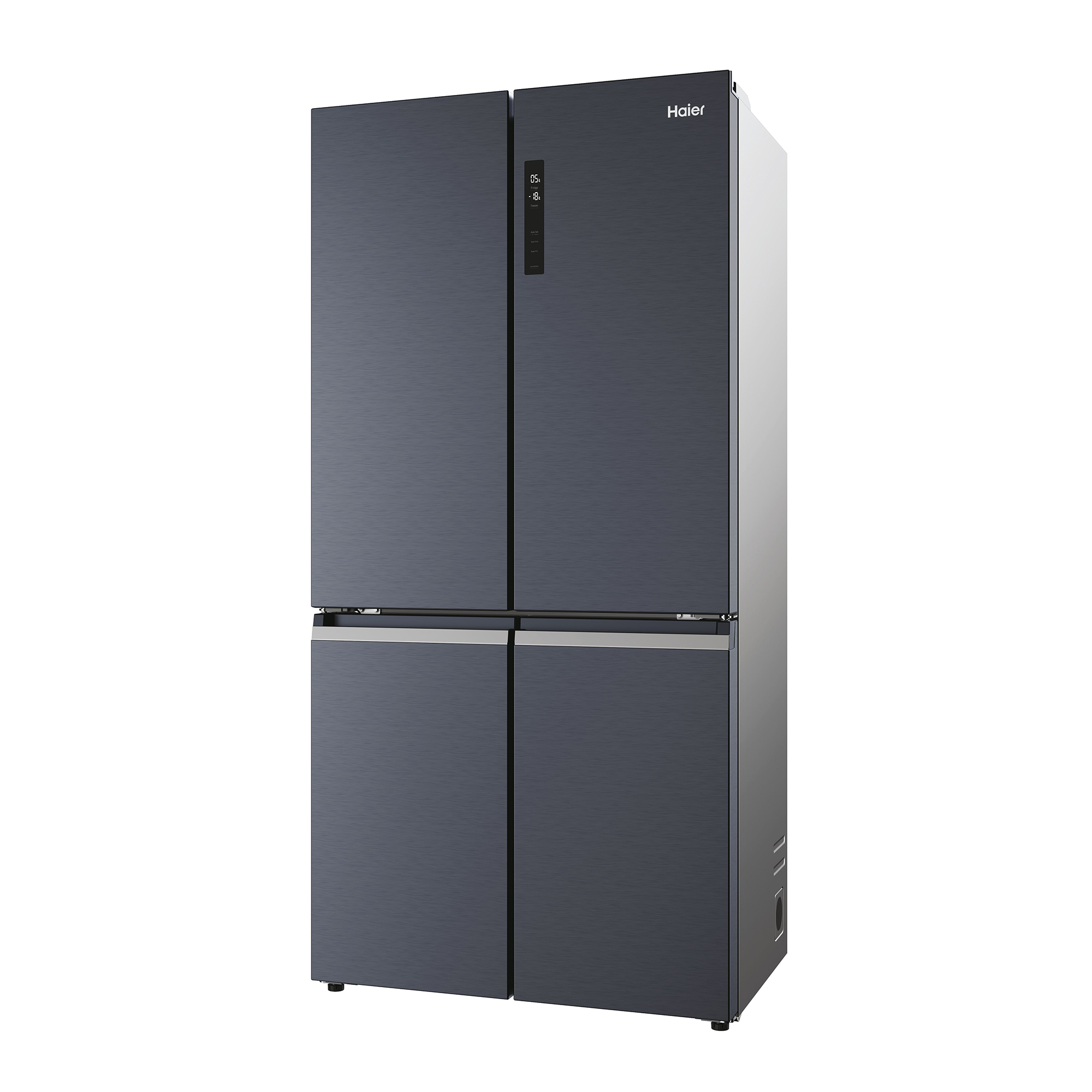 Un moderno refrigerador Haier azul oscuro con cuatro puertas, sobre un fondo blanco.