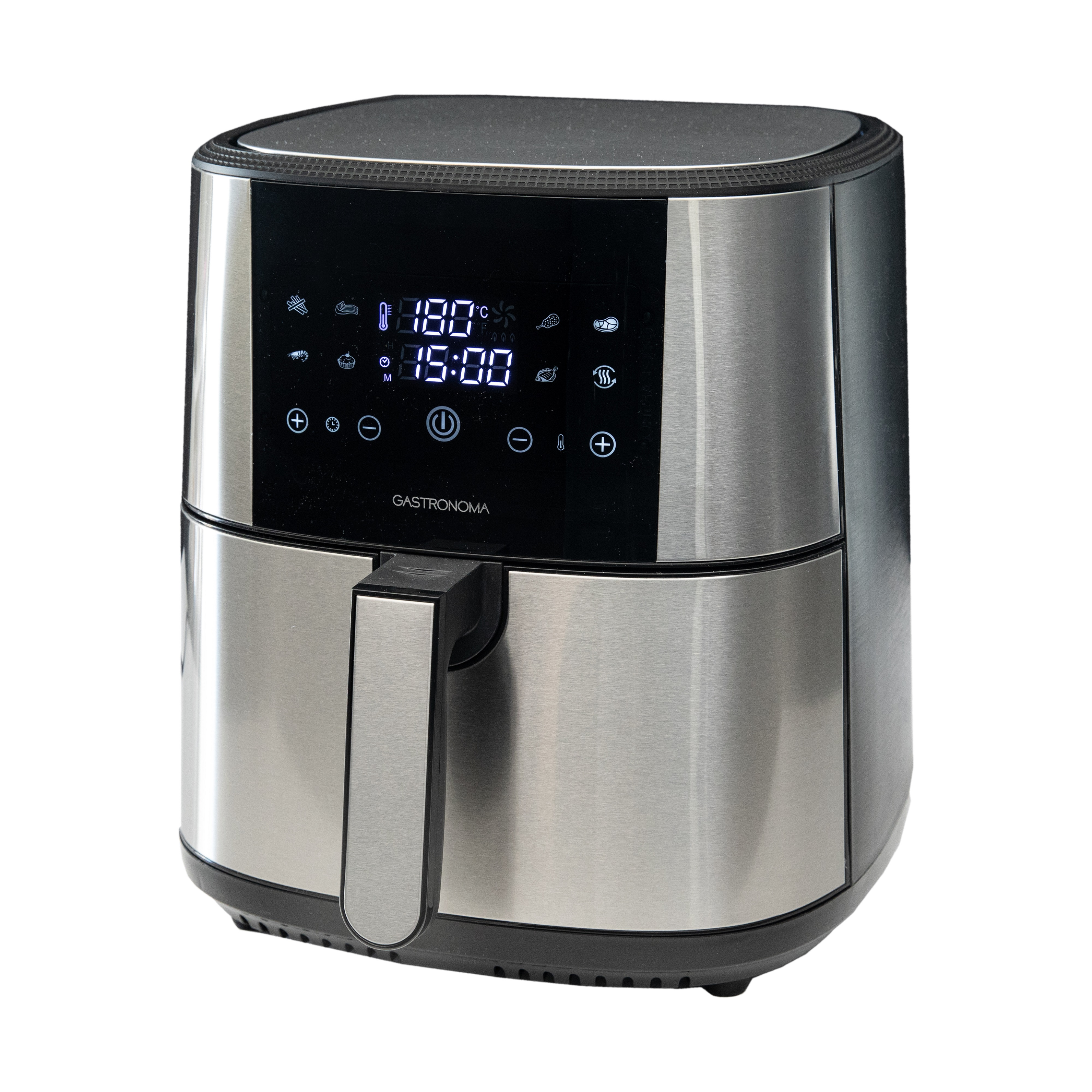 Silber-schwarze Heißluftfritteuse mit digitaler Anzeige von Temperatur und Zeit, auf Weiß.