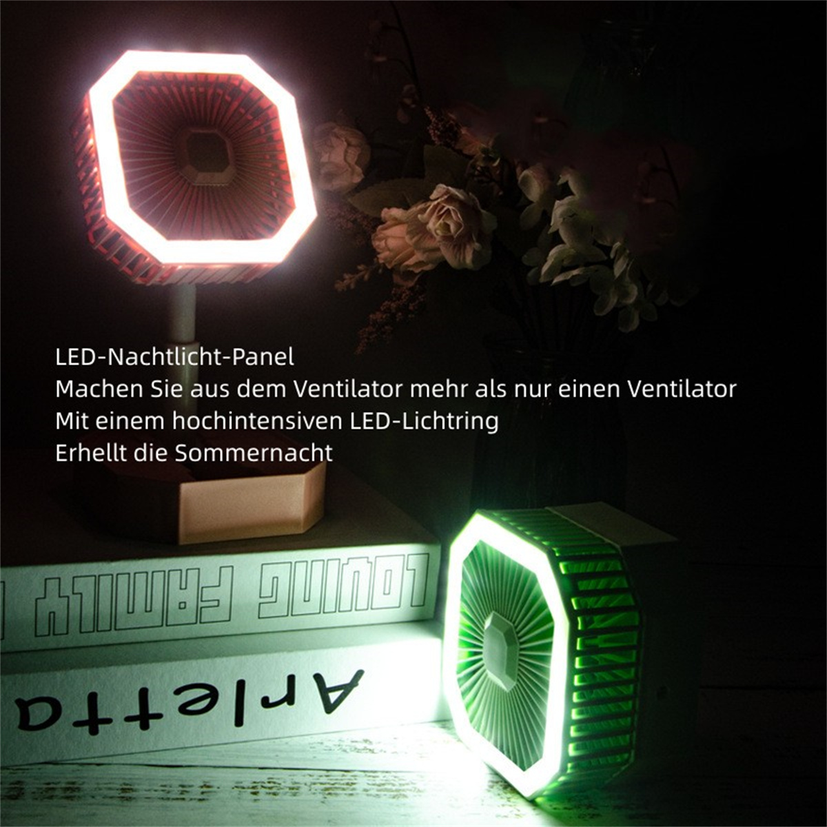 Dos ventiladores iluminados, uno verde y otro blanco. Texto en alemán, luces y un libro presentes.