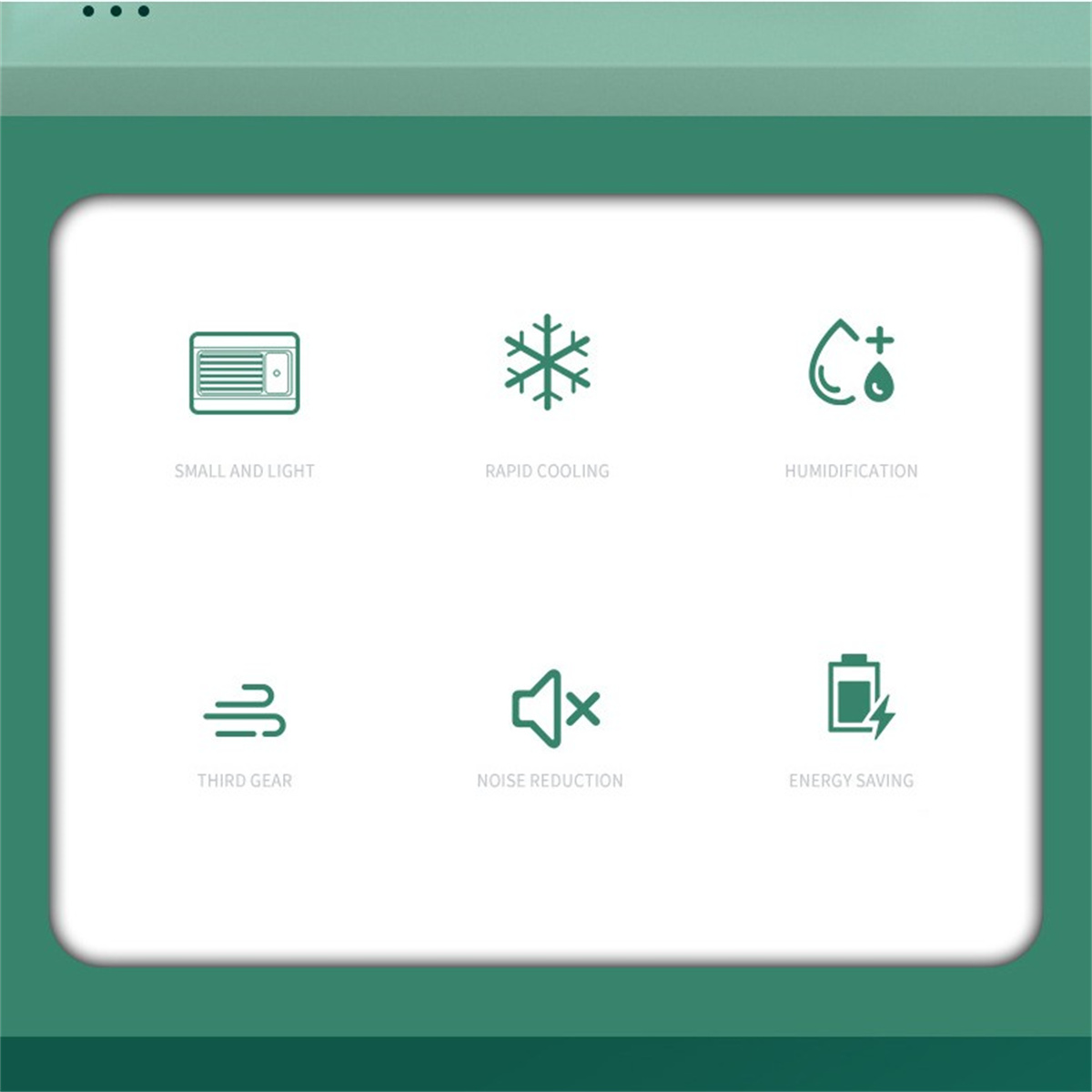 Iconos sobre un fondo verde, incluyendo pequeño y ligero, enfriamiento rápido, humidificación.