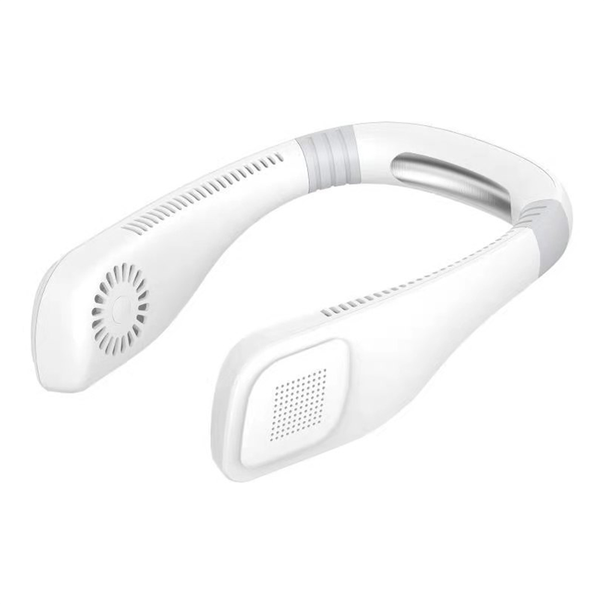 Ventilador de cuello blanco, portátil, diseño curvo, acentos grises, sobre fondo blanco.