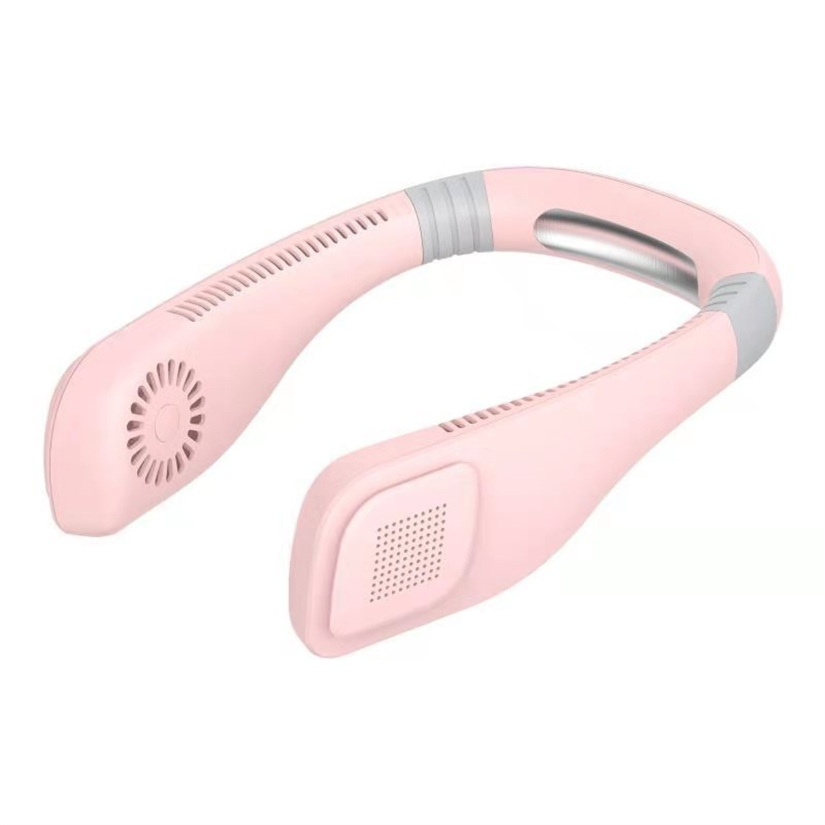 Un ventilador de cuello rosa, con un diseño similar a un altavoz, aislado sobre fondo blanco.