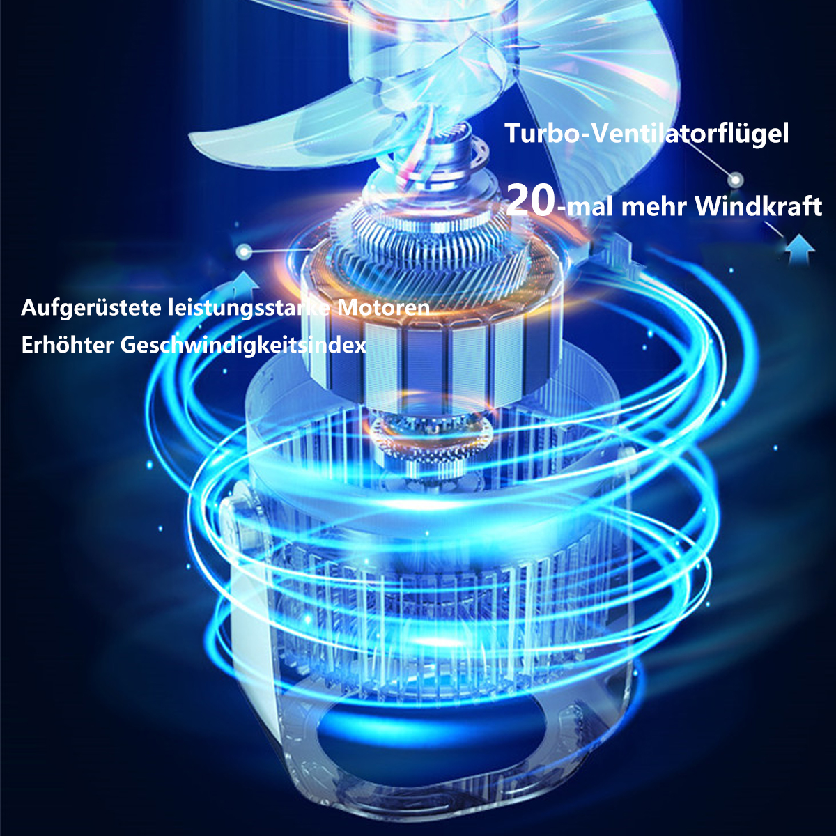 Primer plano de los componentes internos de un ventilador con efectos de luz azul y texto.