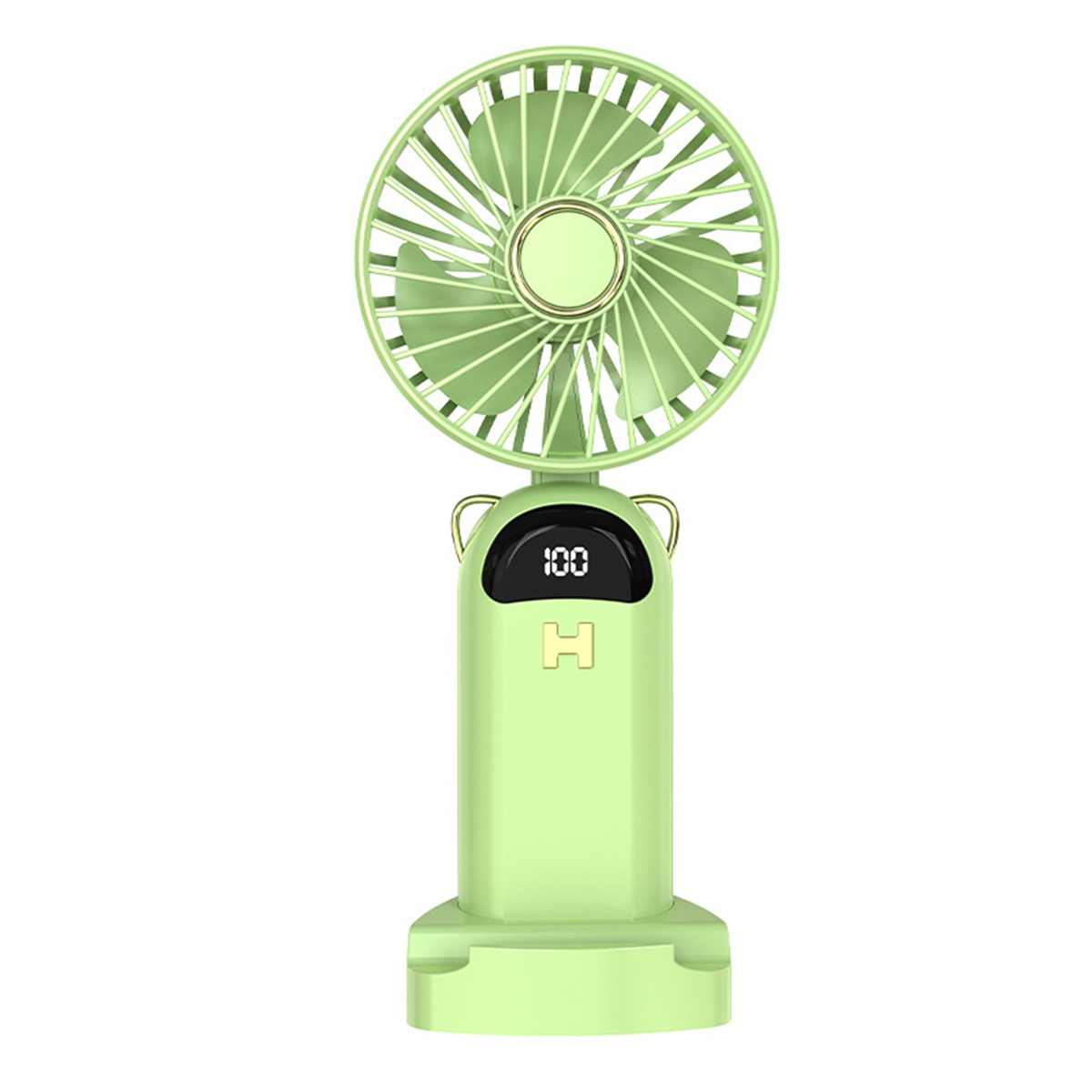 Ventilador portátil verde y blanco sobre soporte. Tiene una pantalla digital.
