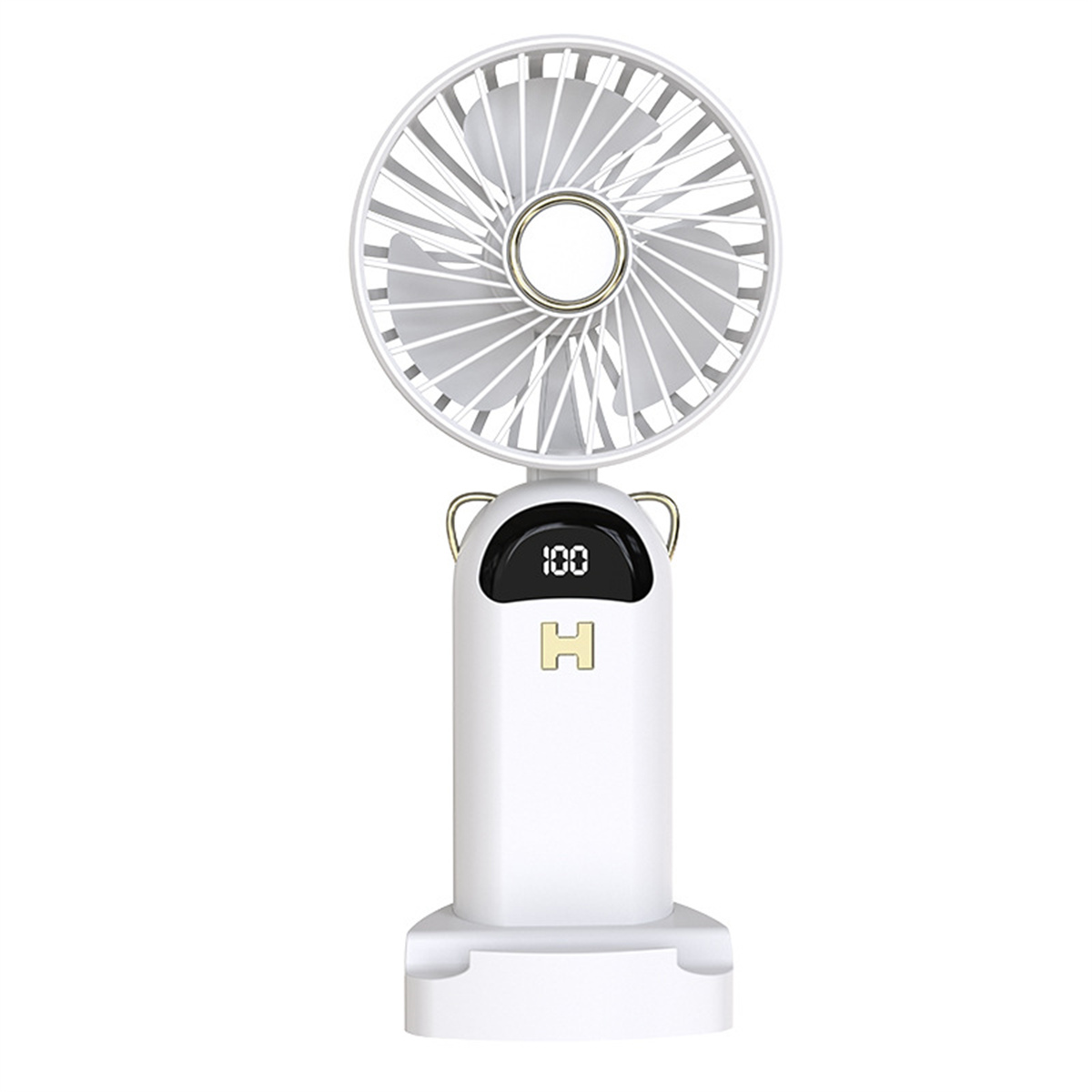 Ventilador portátil blanco con pantalla digital. El ventilador tiene soporte.