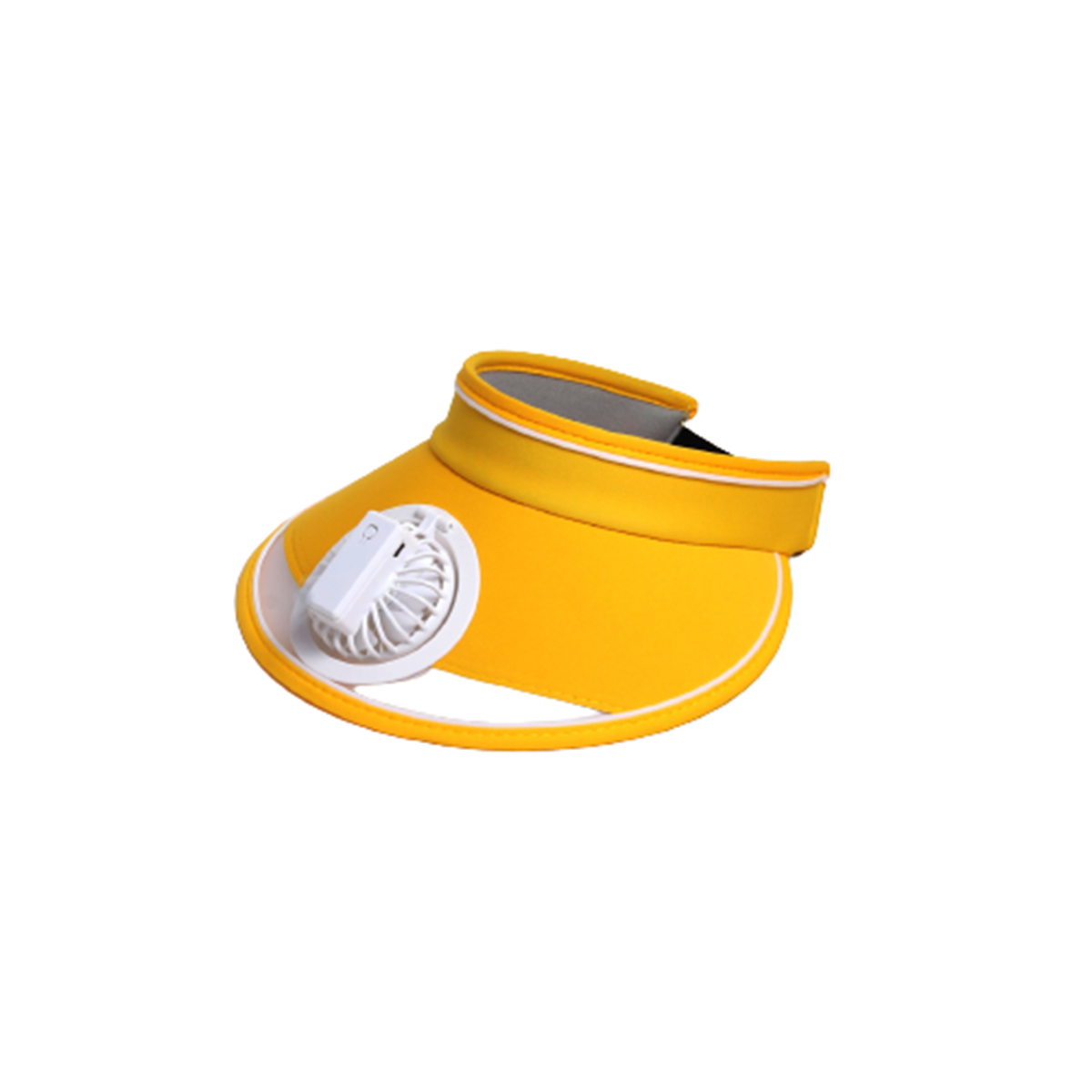 Una visera amarilla con un pequeño ventilador blanco adjunto.