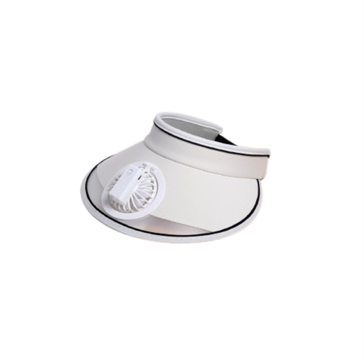 Visera solar blanca con ventilador adjunto. Ribete negro. El ventilador es blanco. La visera es curvada.