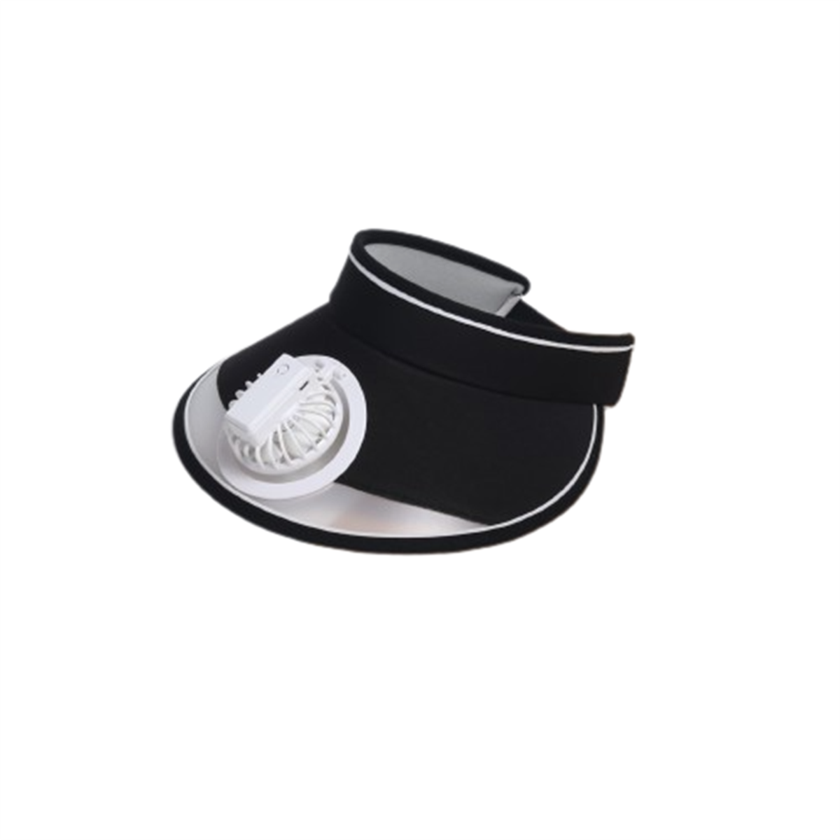 Visera negra con ribete blanco y un pequeño ventilador. El ventilador es blanco y está en el centro.