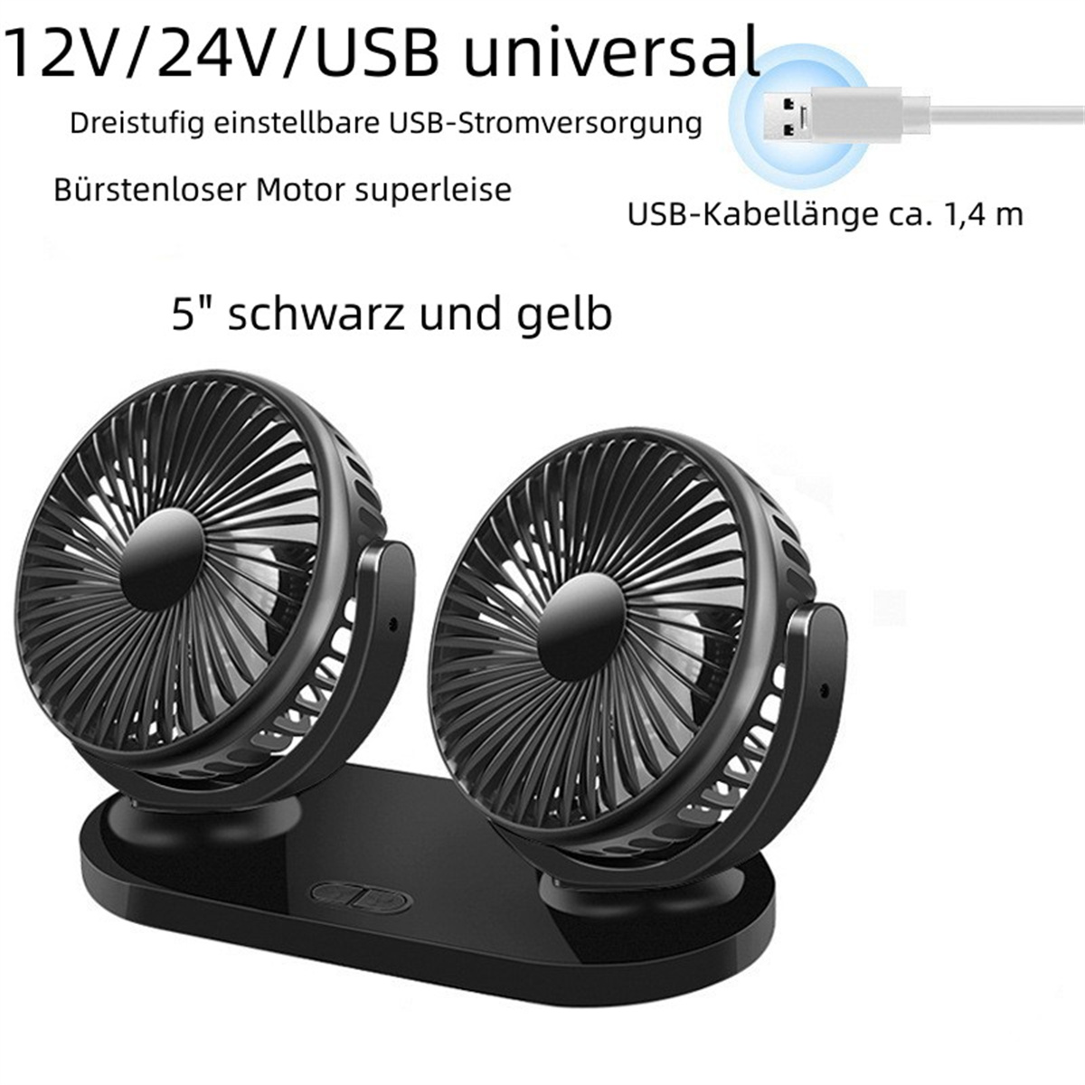 Ventilador USB negro con dos aspas, texto alemán y cable USB.