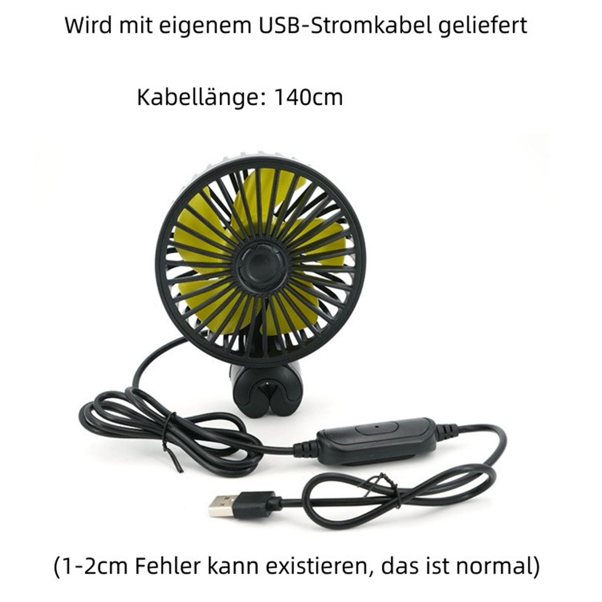 Pequeño ventilador con aspas amarillas, marco negro y cable USB. Incluye caja de control negra.