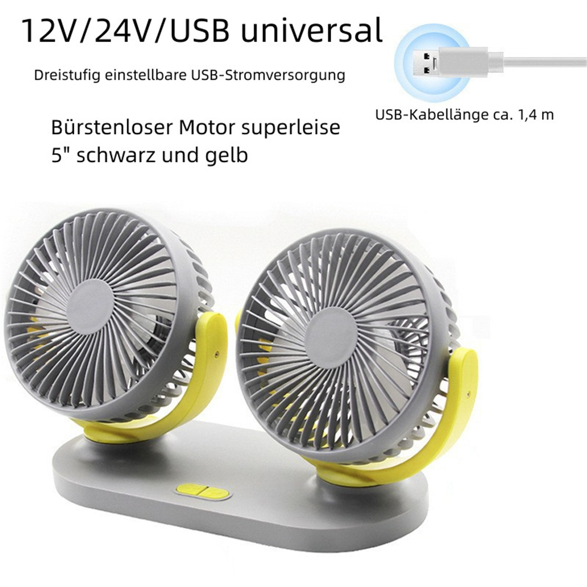 Una configuración de ventilador doble con ventiladores grises y detalles amarillos sobre una base gris.