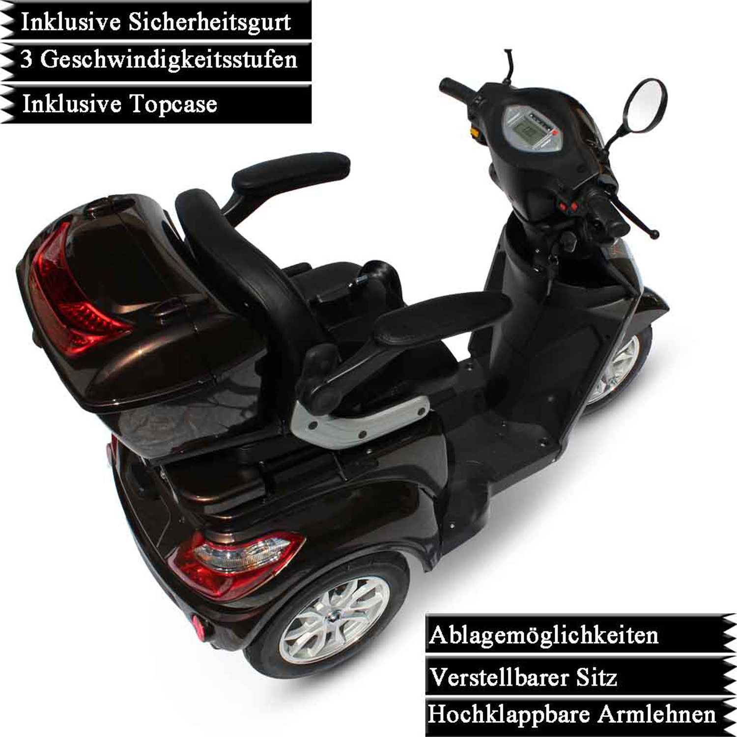 Ein schwarzer Mobilitätsroller mit Stauraum und verstellbaren Armlehnen.
