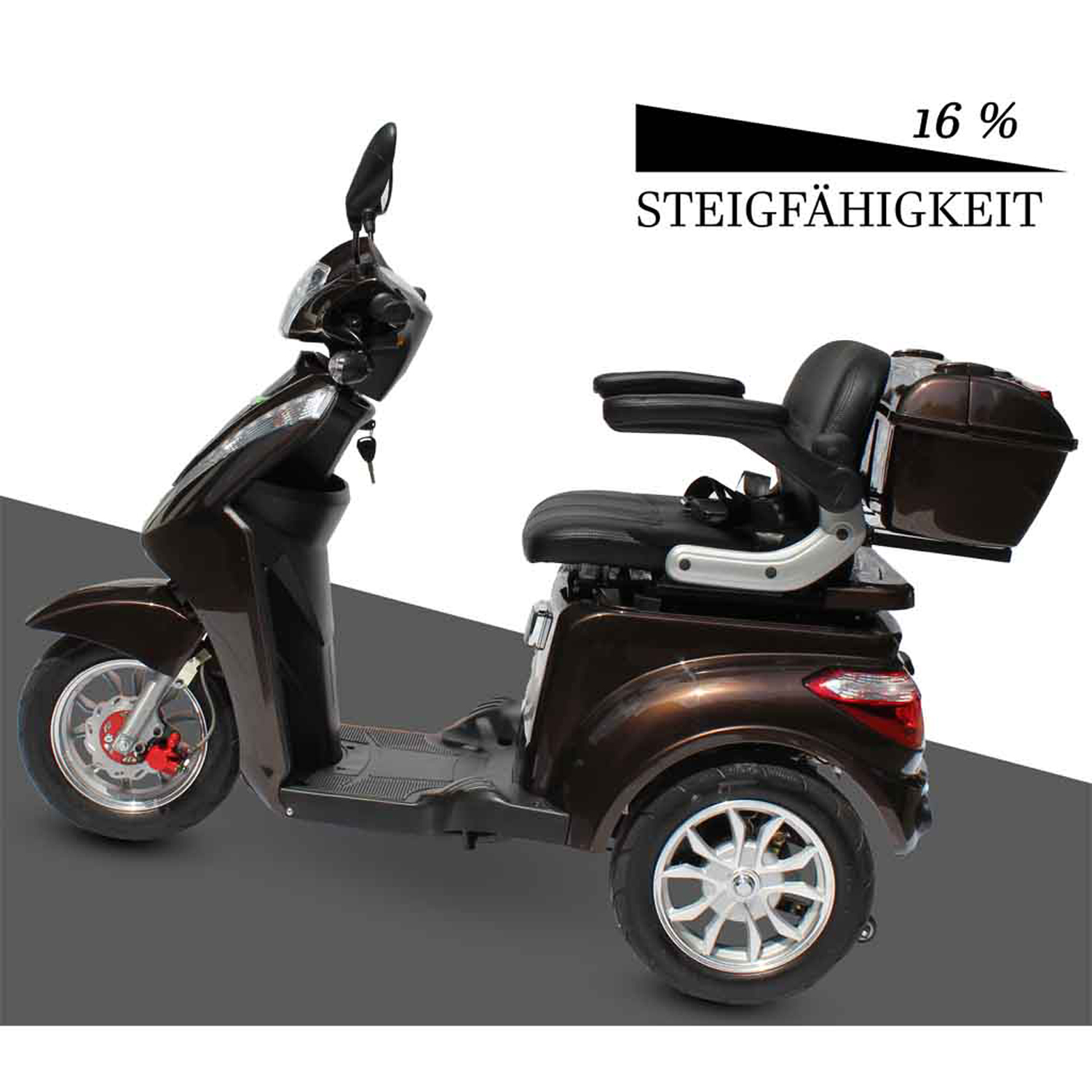 Brauner Elektroroller mit Sitz, 16% Steigfähigkeit Text wird angezeigt.