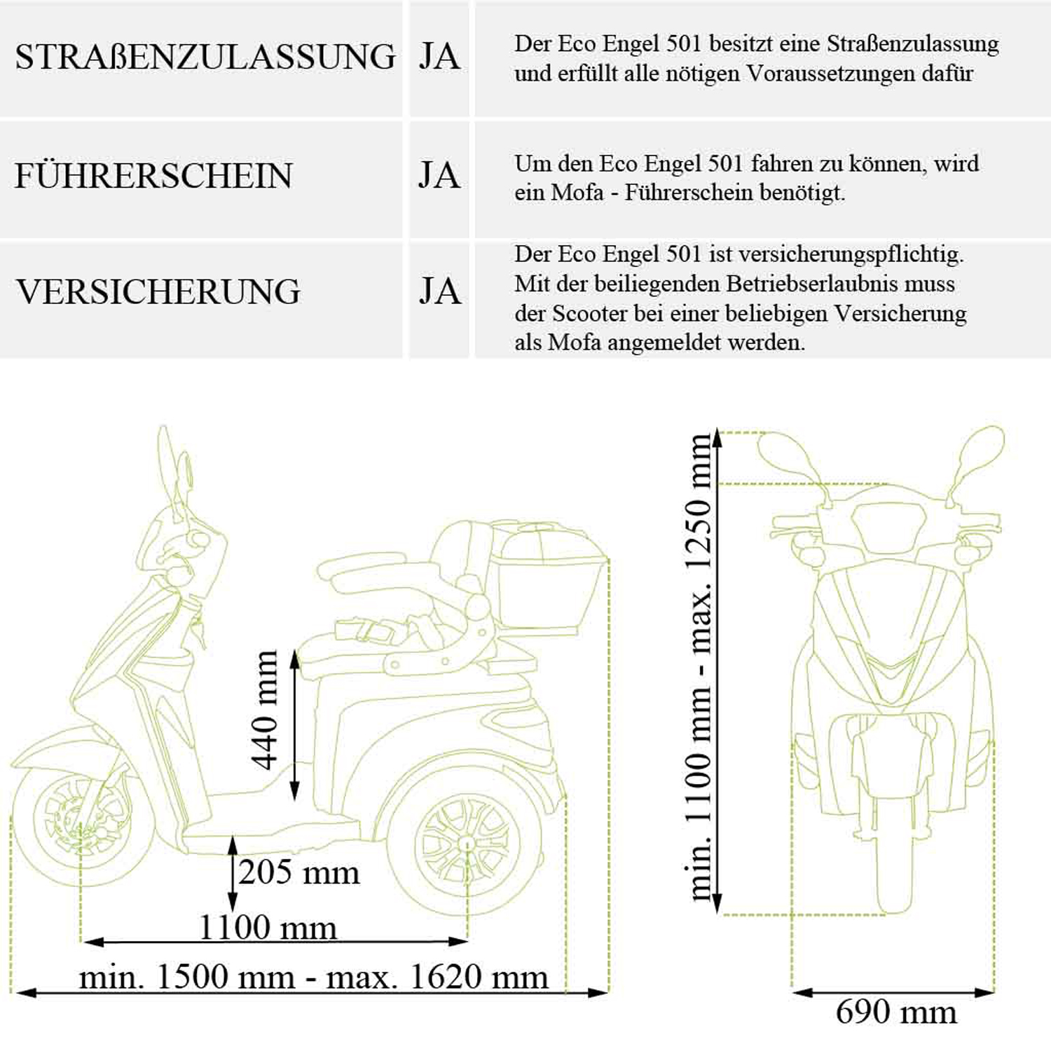 Diagramm mit Abmessungen und Text zu einem Roller, einschließlich Angaben zu Straßenzulassung, Führerschein und Versicherung.
