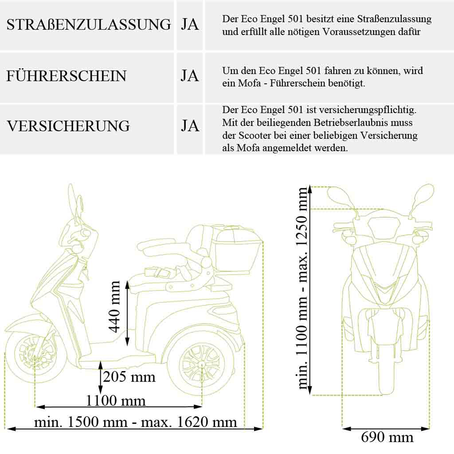 Diagramm mit Abmessungen und Informationen zu einem Roller, einschließlich Abmessungen und erforderlichen Dokumenten.